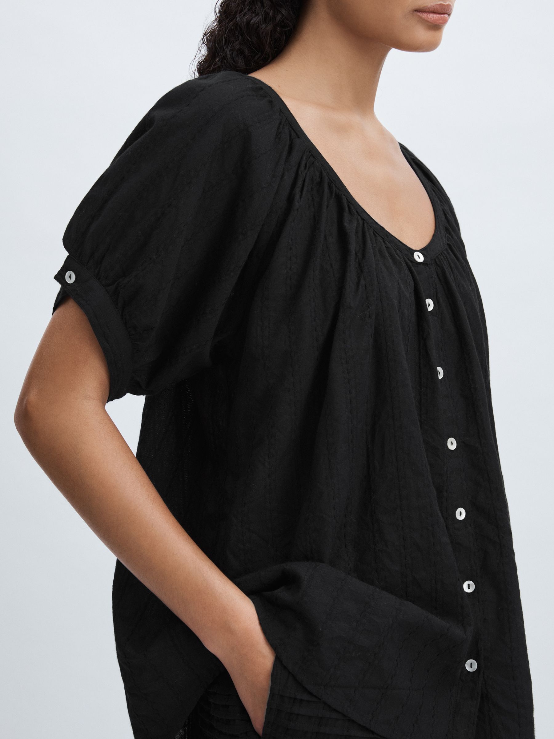 Mille Puff-Sleeve Button-Through Top in Black