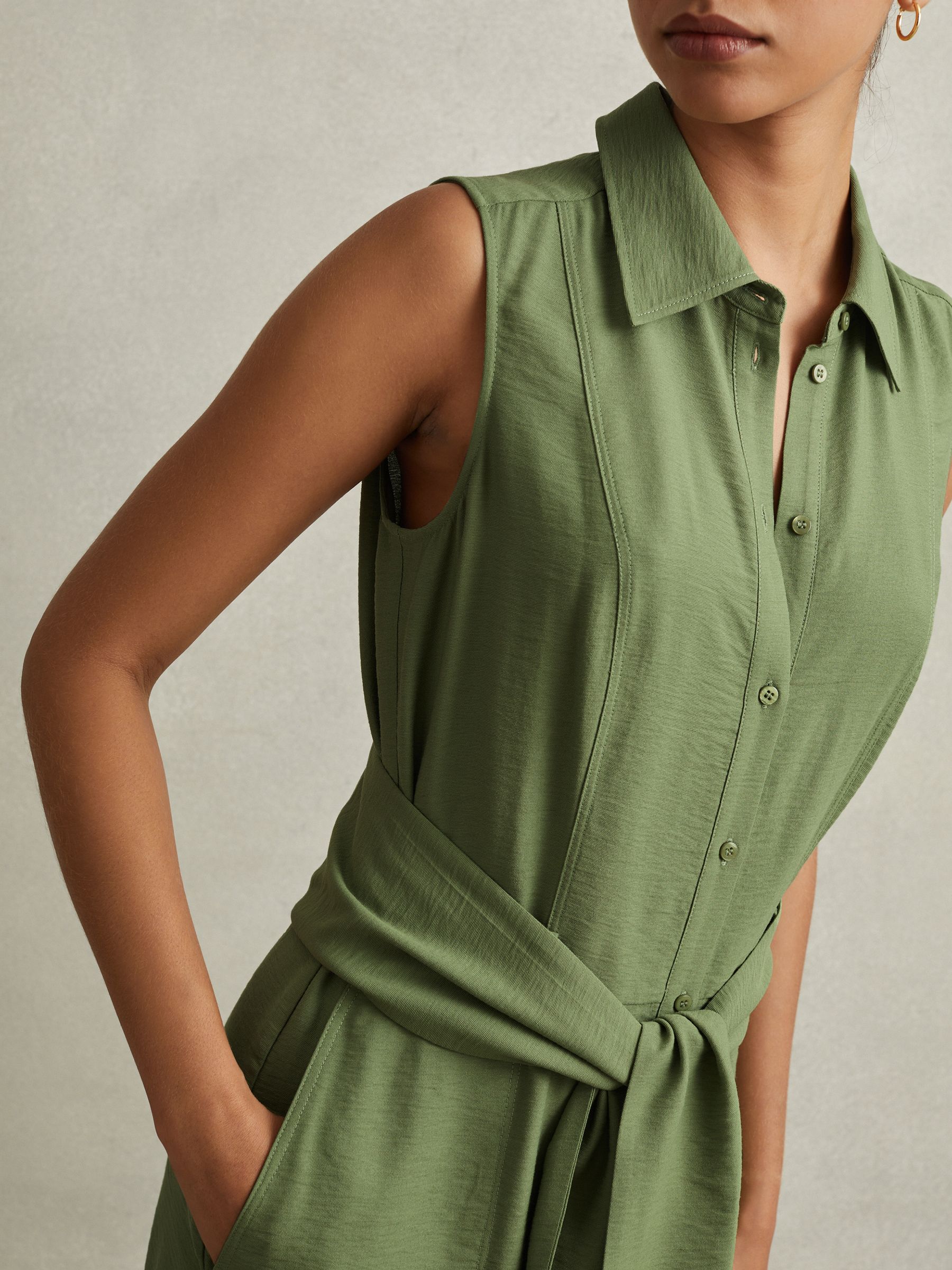 Viscose Blend Belted Shirt Dress in Green