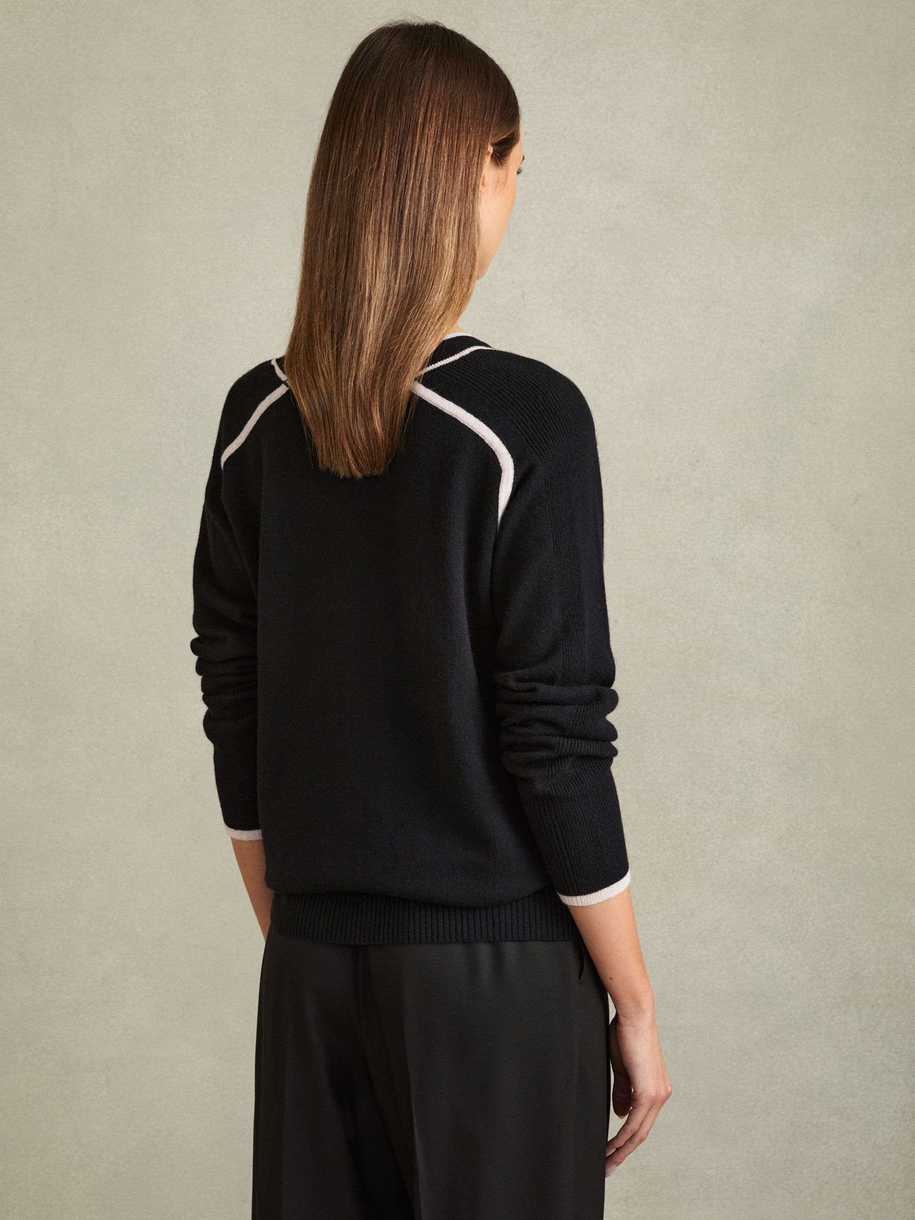 Wool Blend Contrast Tipped Cardigan with Cashmere in Black/Stone