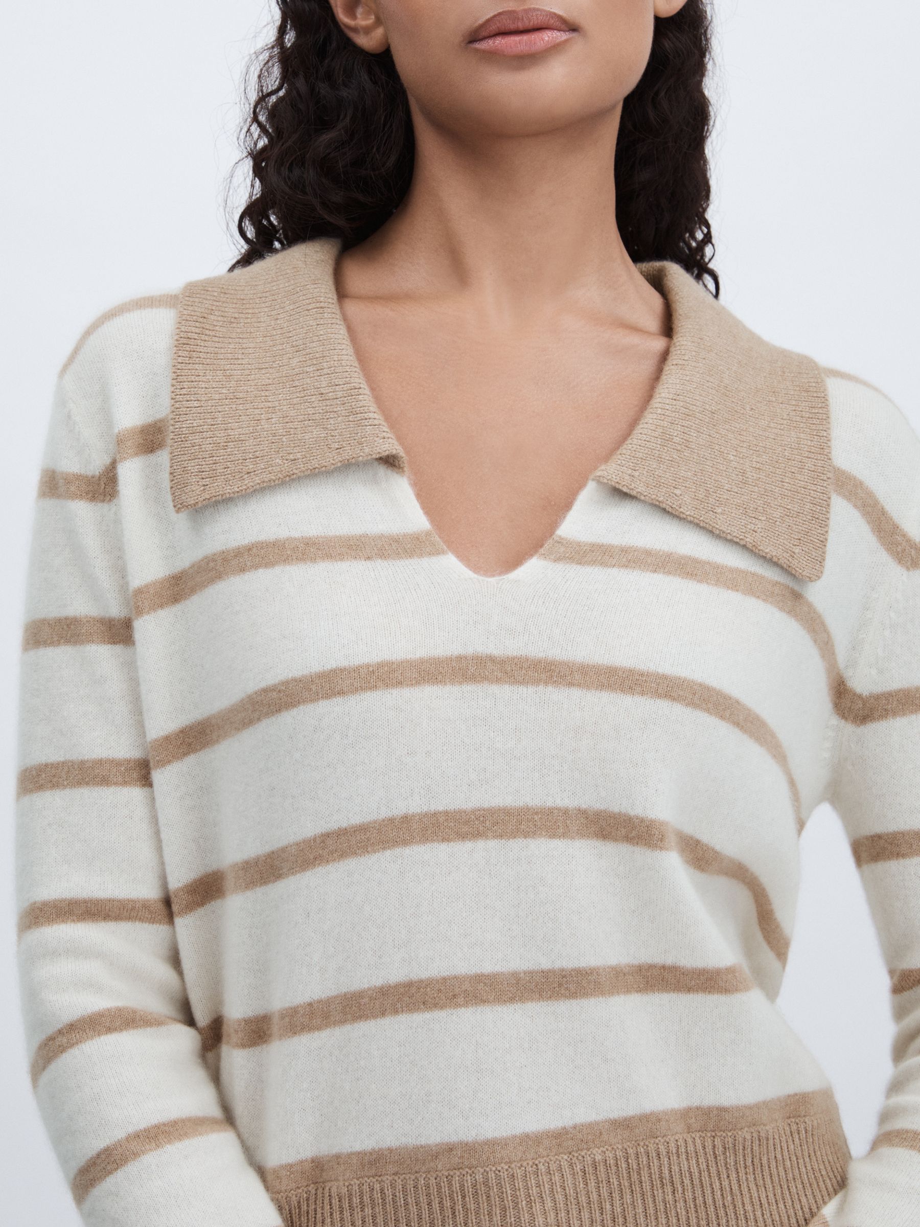 Cashmere Open Collar Striped Jumper in White/Beige