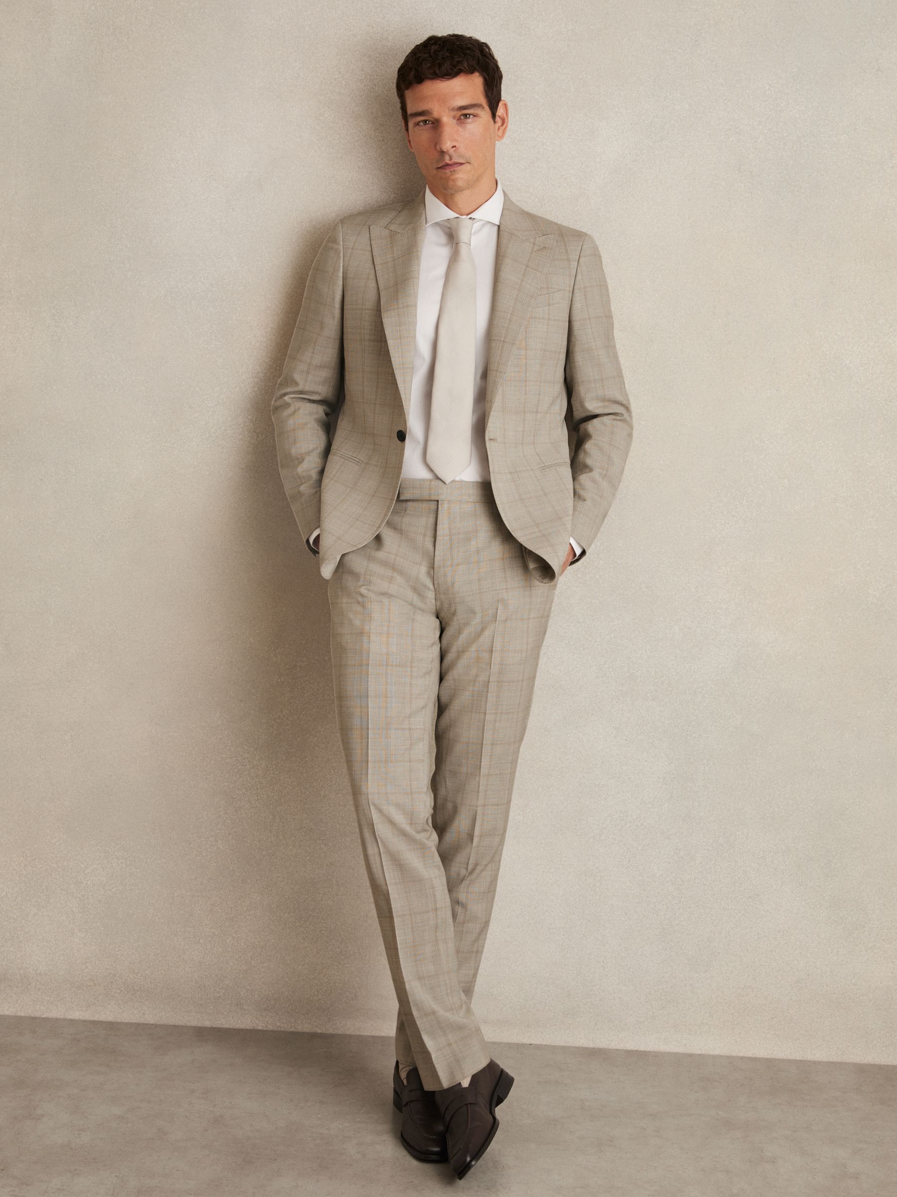 Slim-Fit Wool Check Suit Trousers in Oatmeal Brown