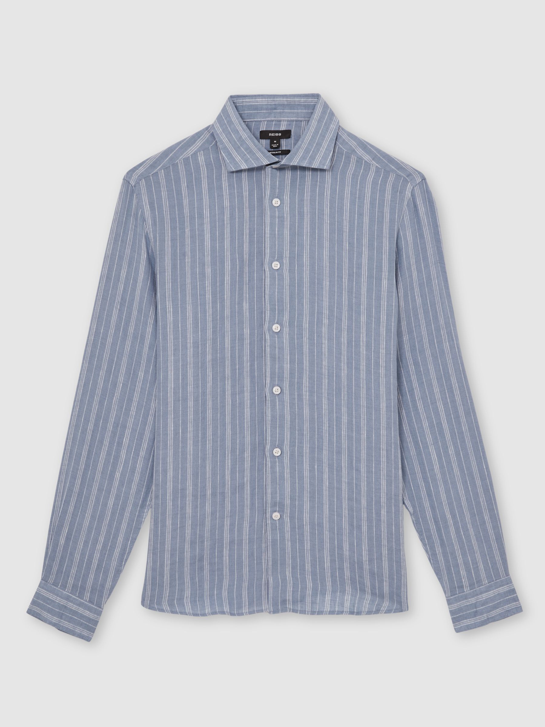 Linen Striped Cutaway-Collar Shirt in Airforce Blue/White