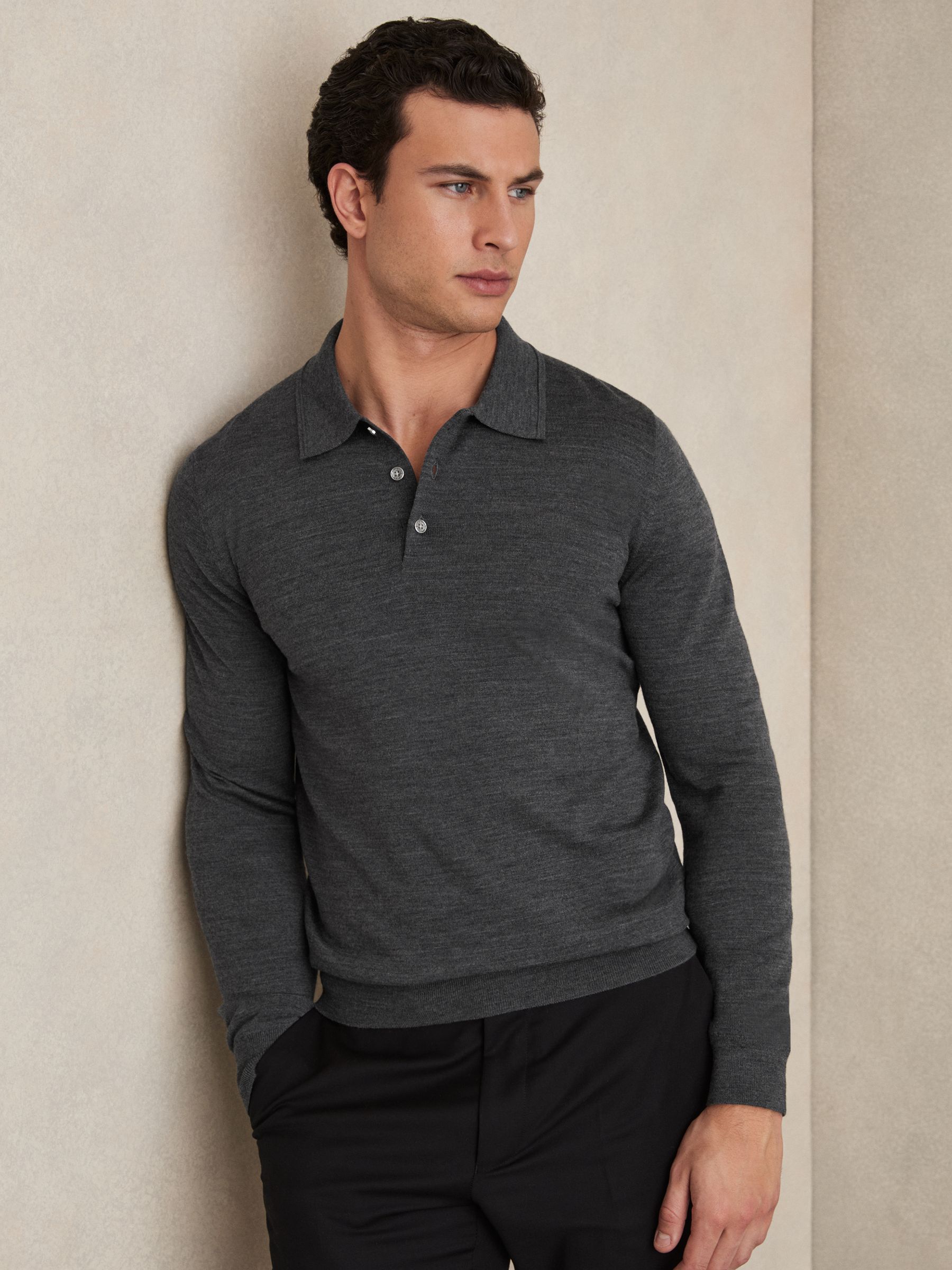 Merino Wool Long-Sleeve Polo Shirt in Derby Grey Marl