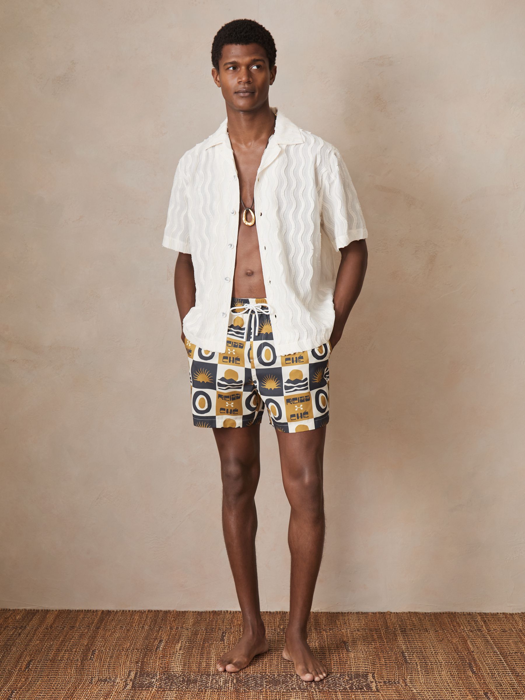 Reiss | Ché Sunset-Print Swim Shorts in Olive Green