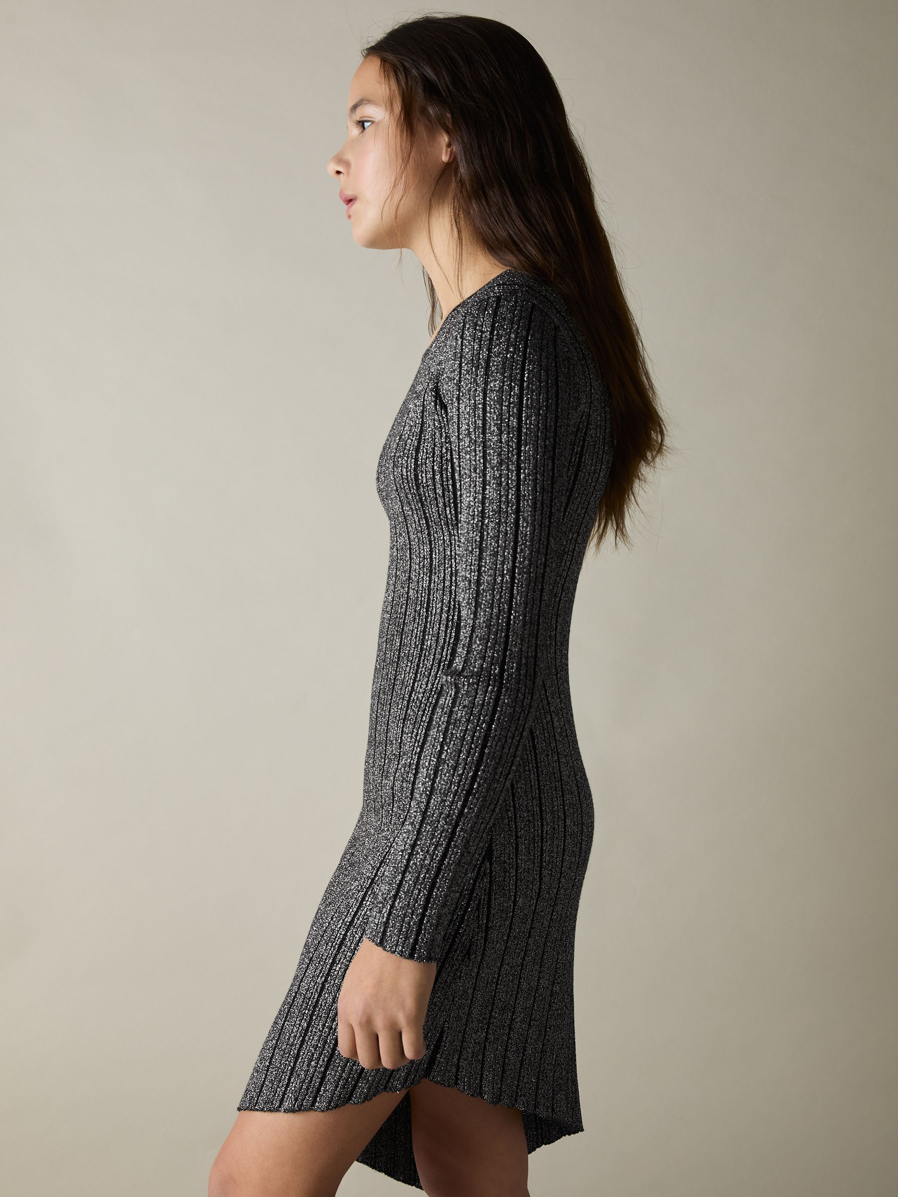 13-14 yrs Metallic Ribbed Asymmetric Dress in Black