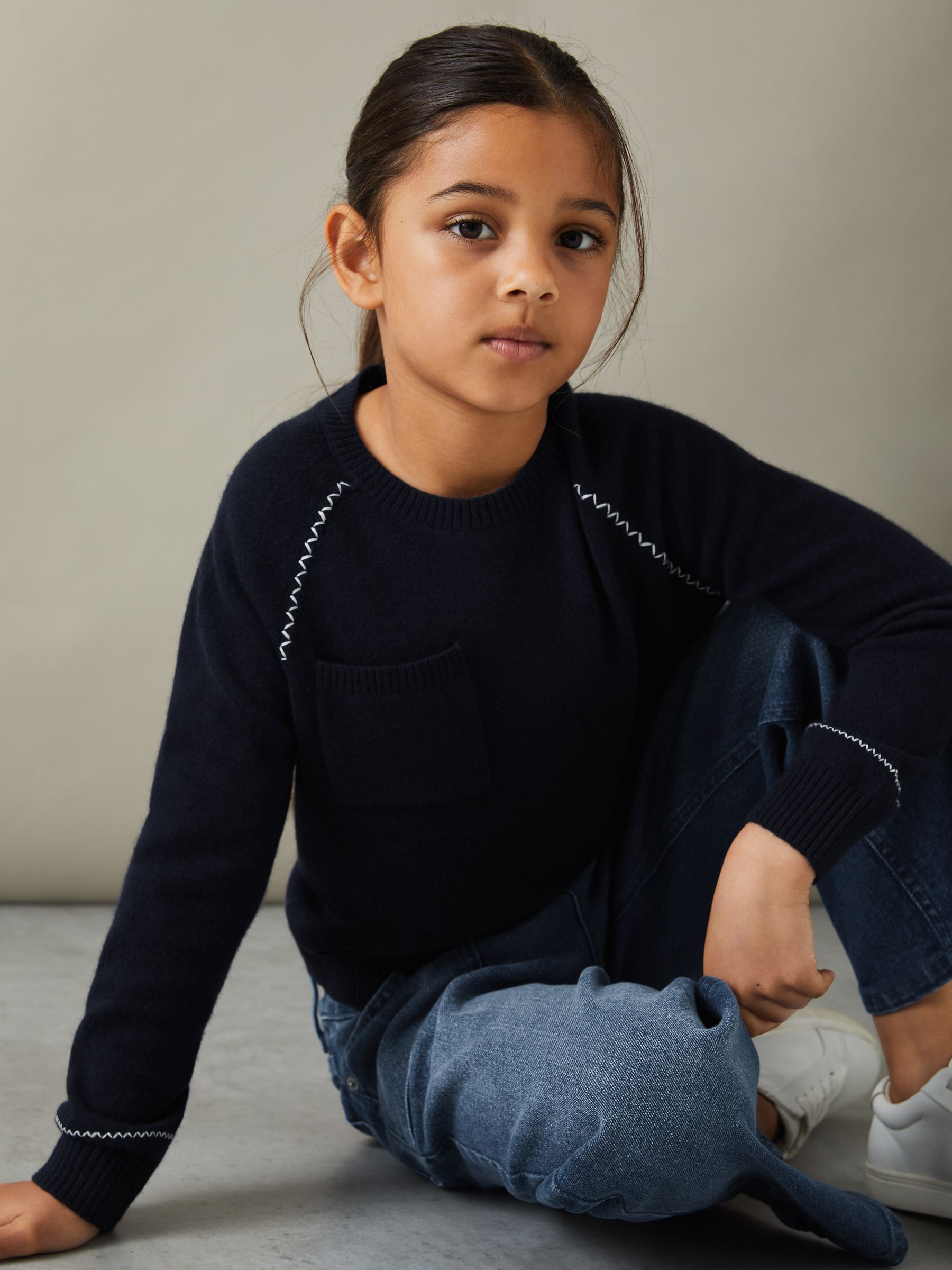 9-13 yrs Contrast Stitch Wool Blend Crew Neck Jumper in Navy