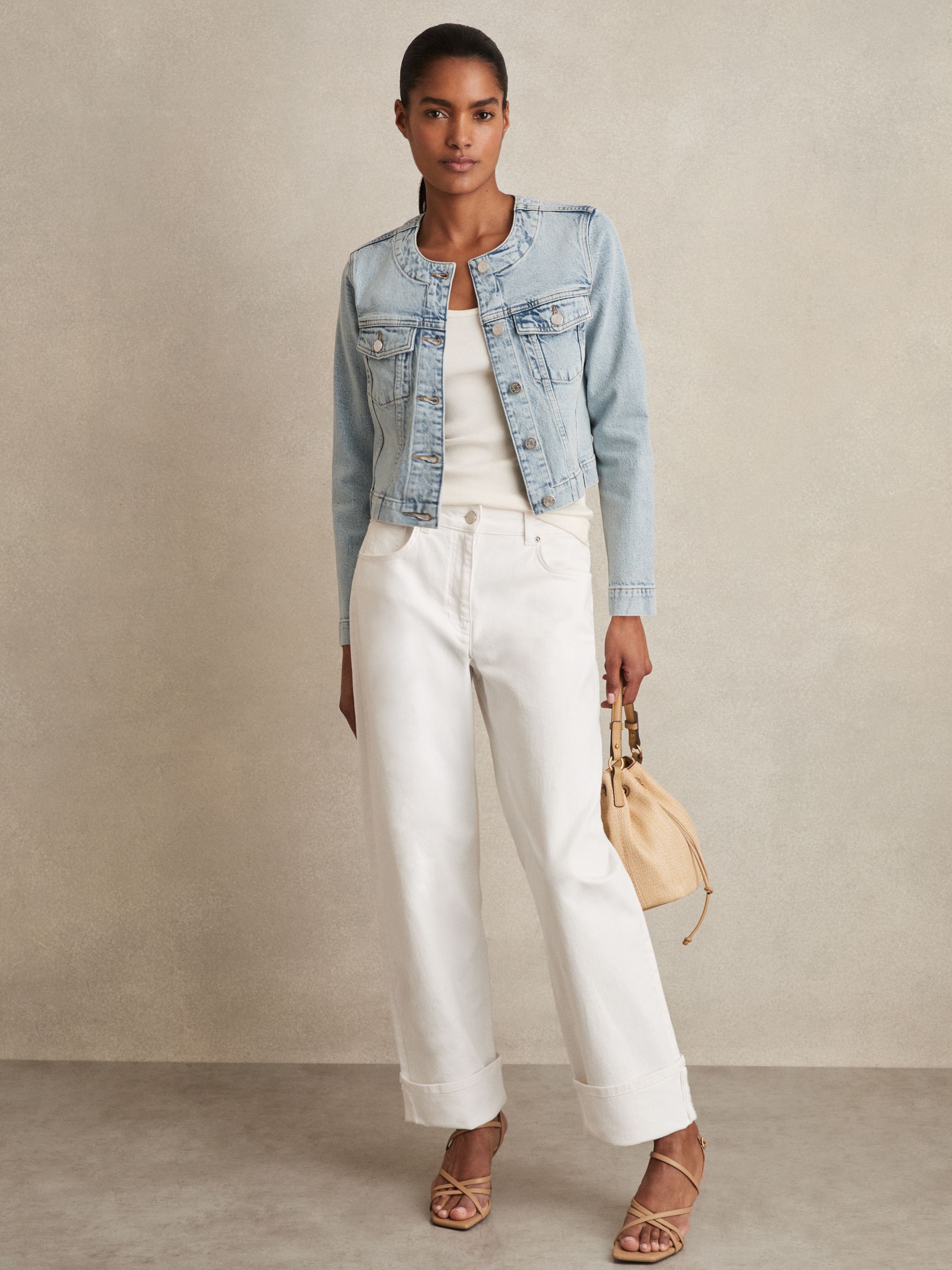Collarless Cropped Denim Jacket in Light Blue