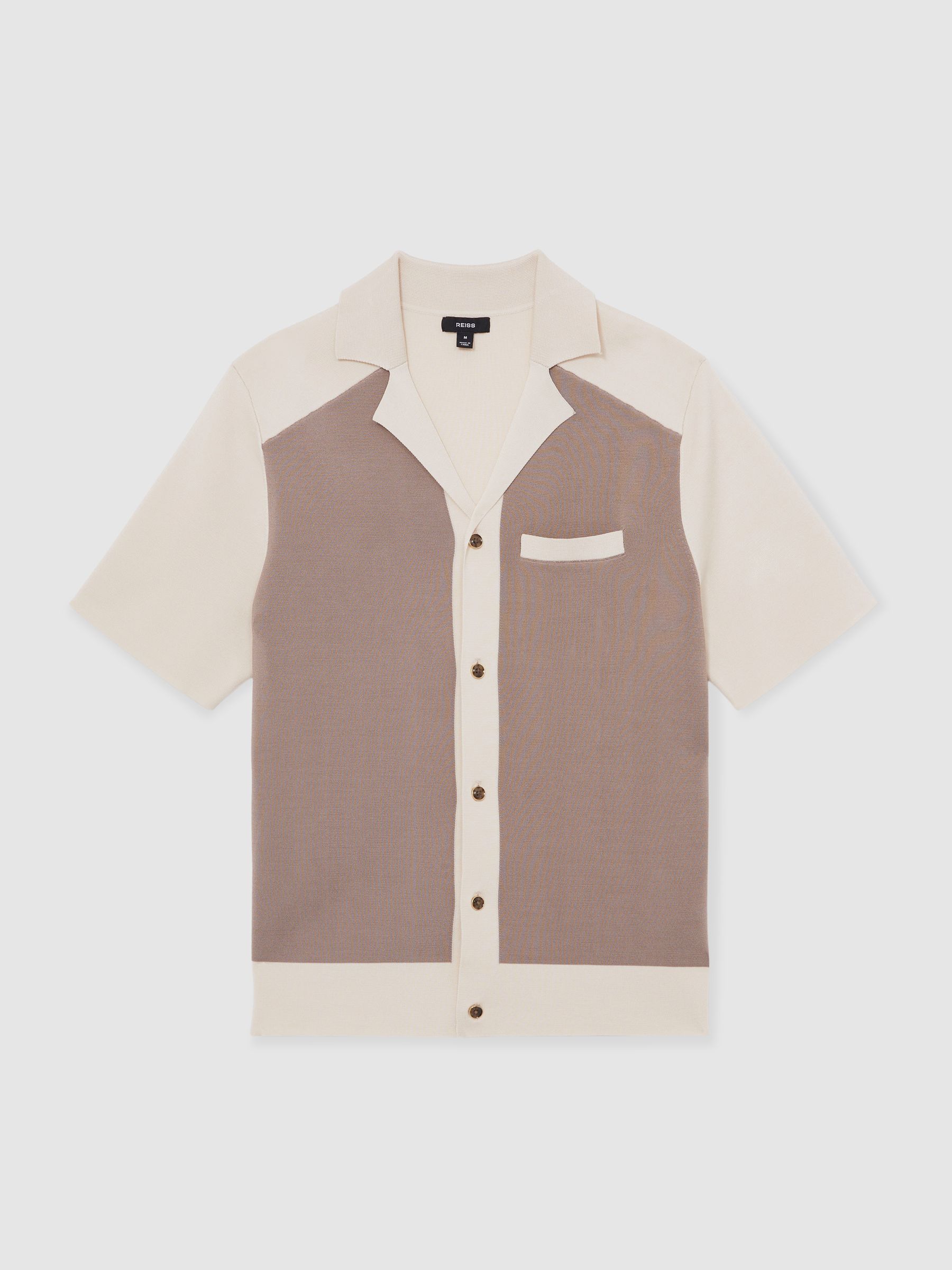 Colour-Block Cuban-Collar Knit Shirt in Taupe Brown/Light Stone