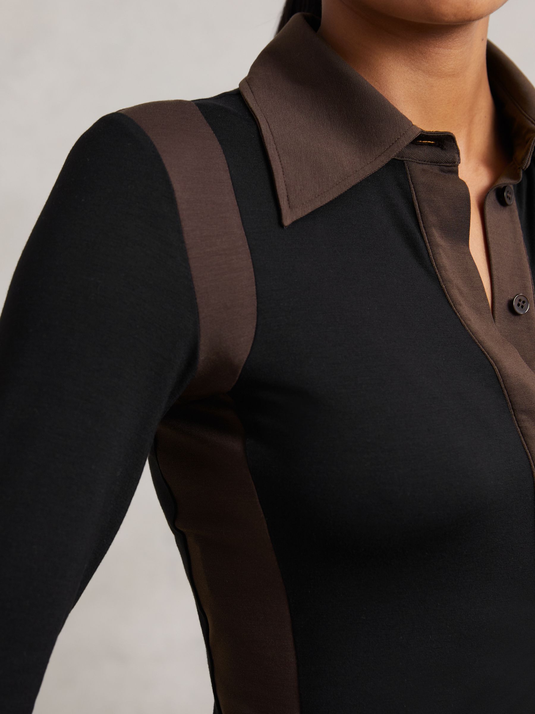 Jersey Colour-Block Collared Shirt in Black/Chocolate Brown