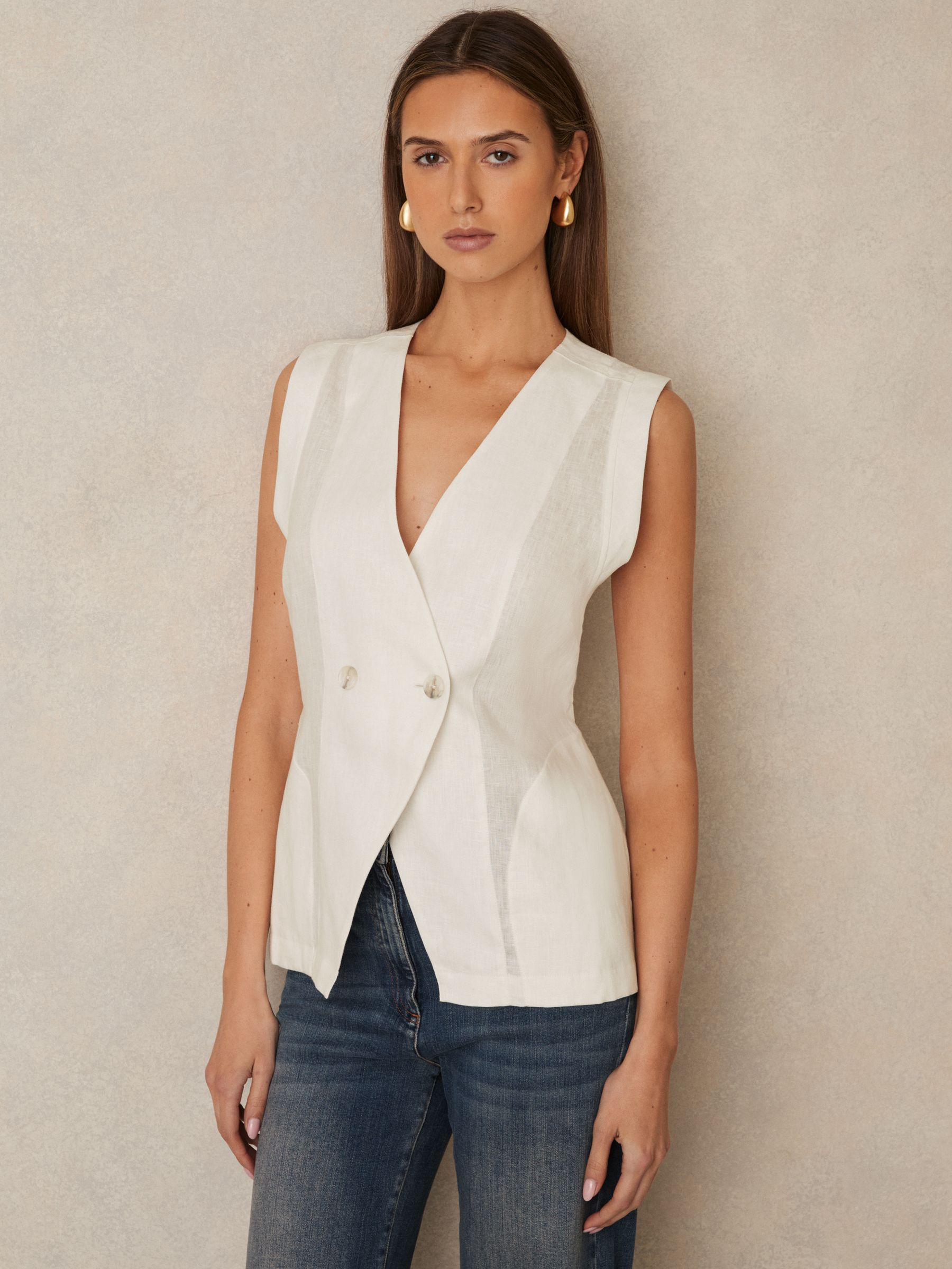 Linen Button-Front Waistcoat in Ivory