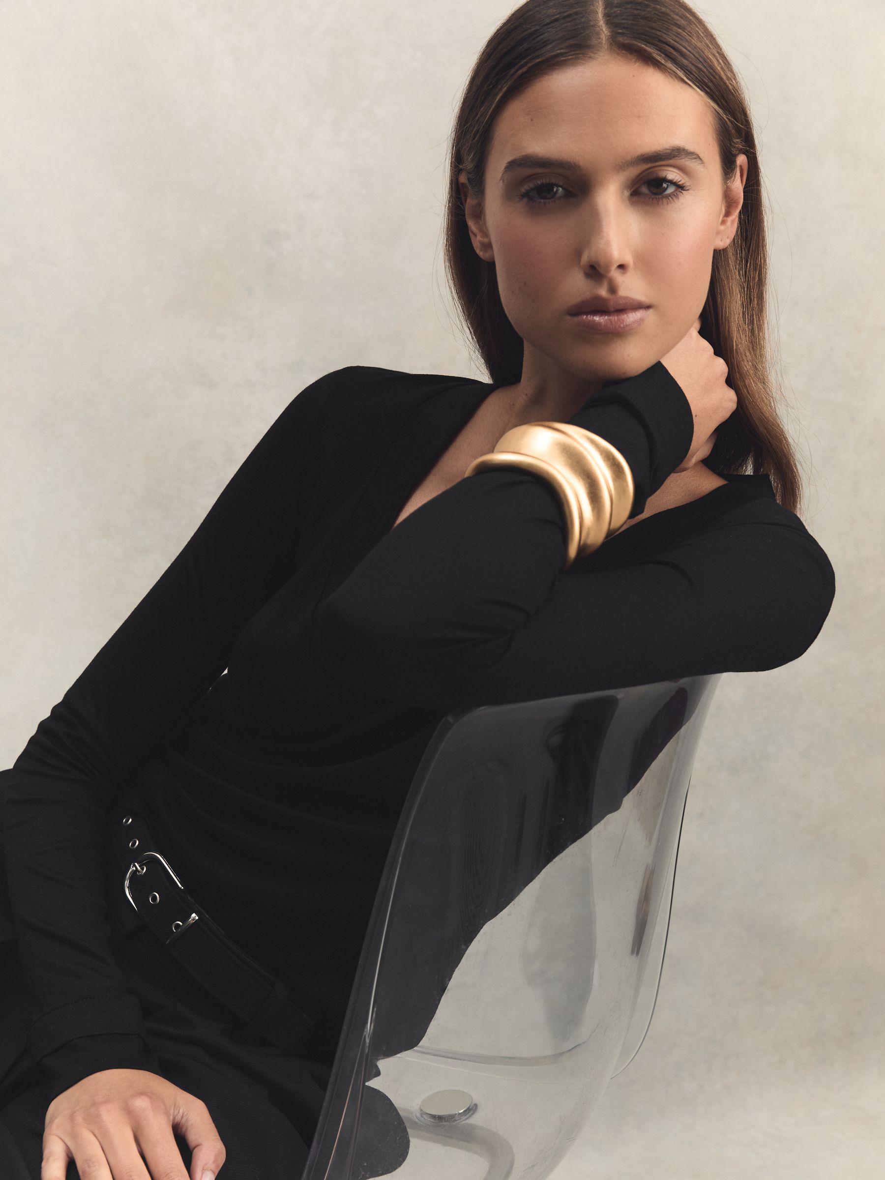 Jersey V-Neck Top in Black