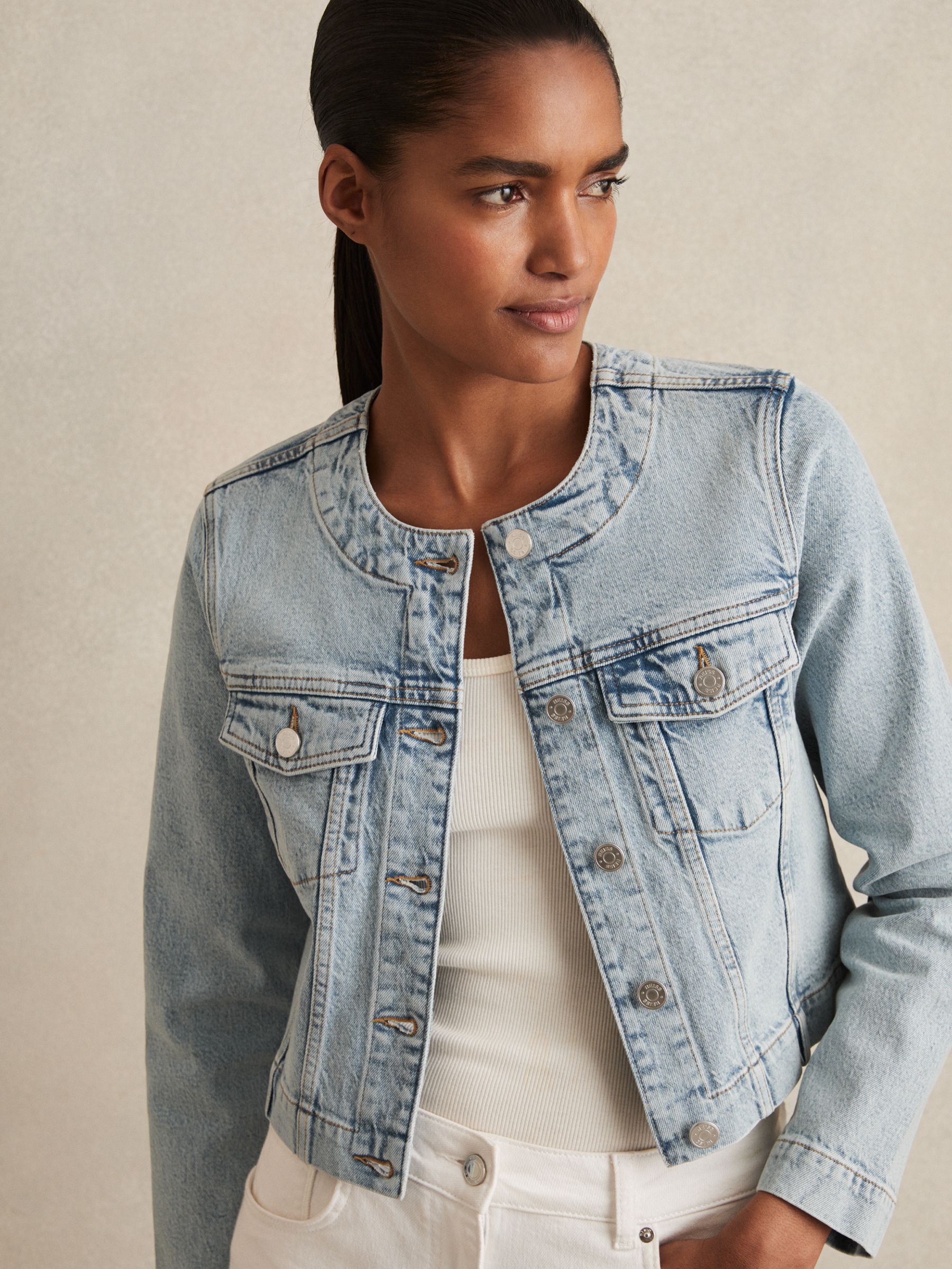 Collarless Cropped Denim Jacket in Light Blue