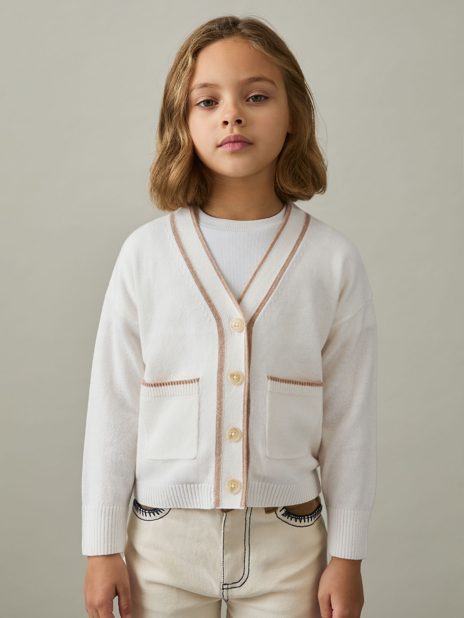 9-13 yrs Wool-Blend Tipped Cardigan in Cream