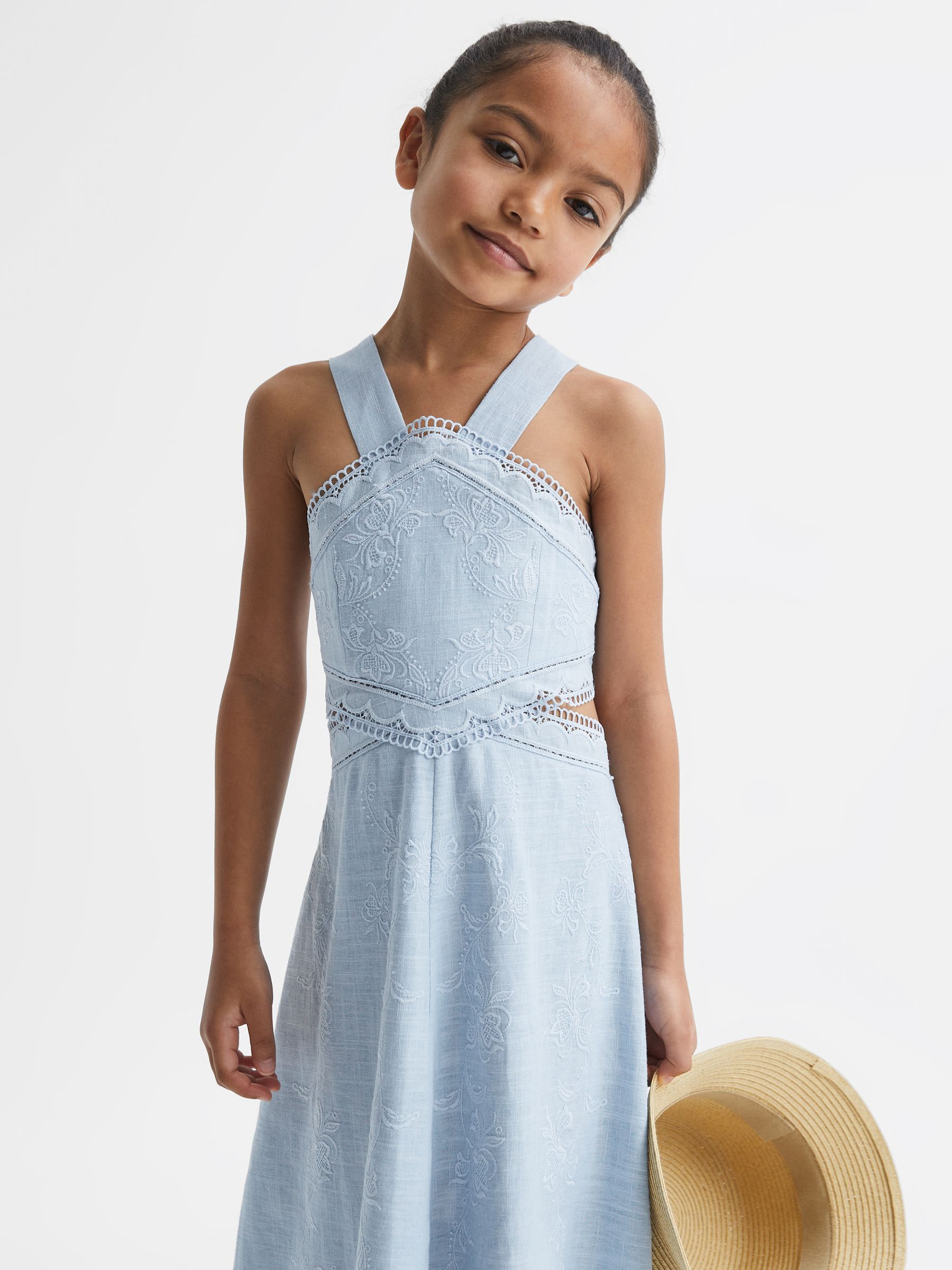 Junior Cross Back Embroidered Dress in Blue