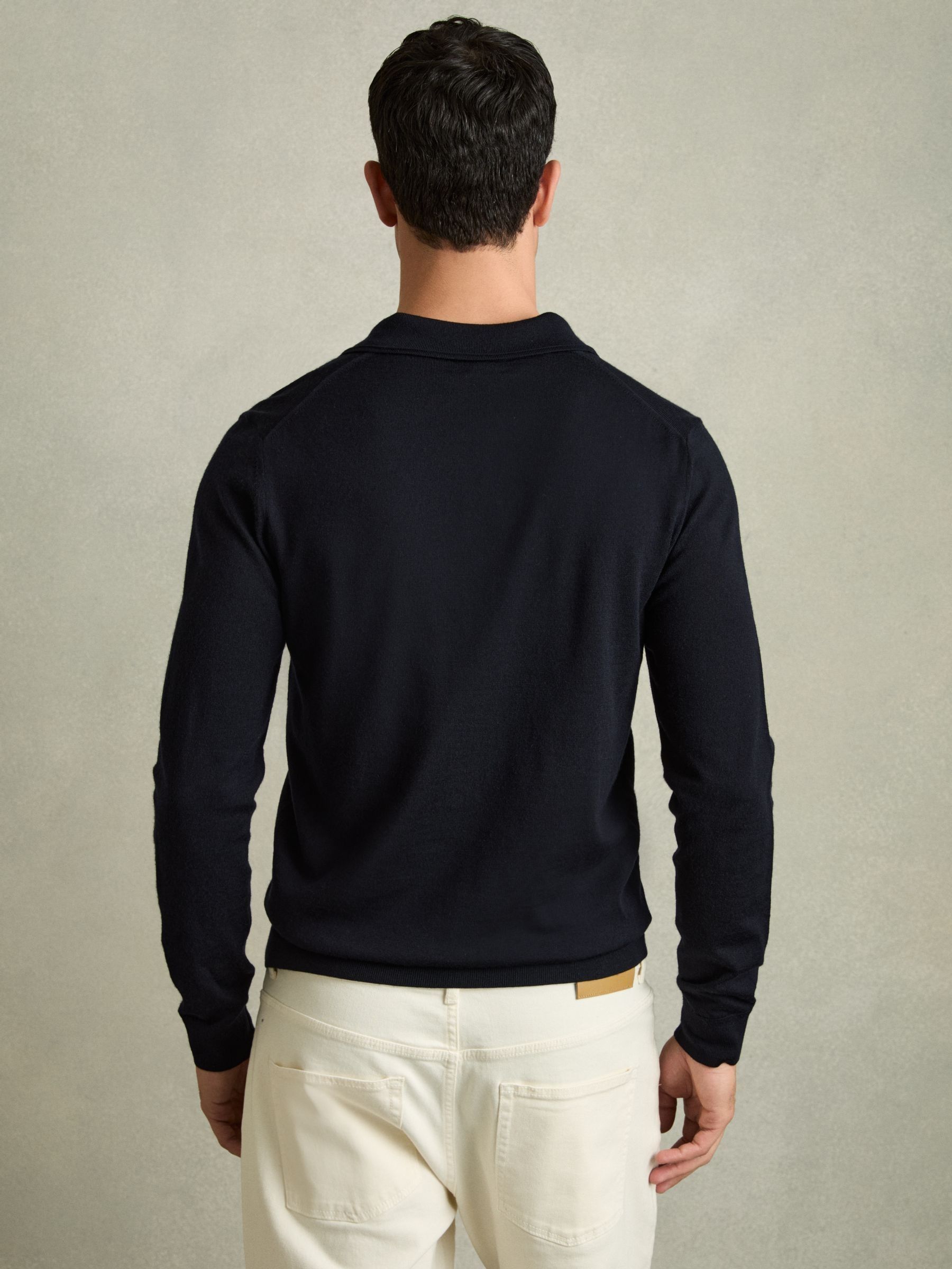 Merino Wool Long-Sleeve Polo Shirt in Navy