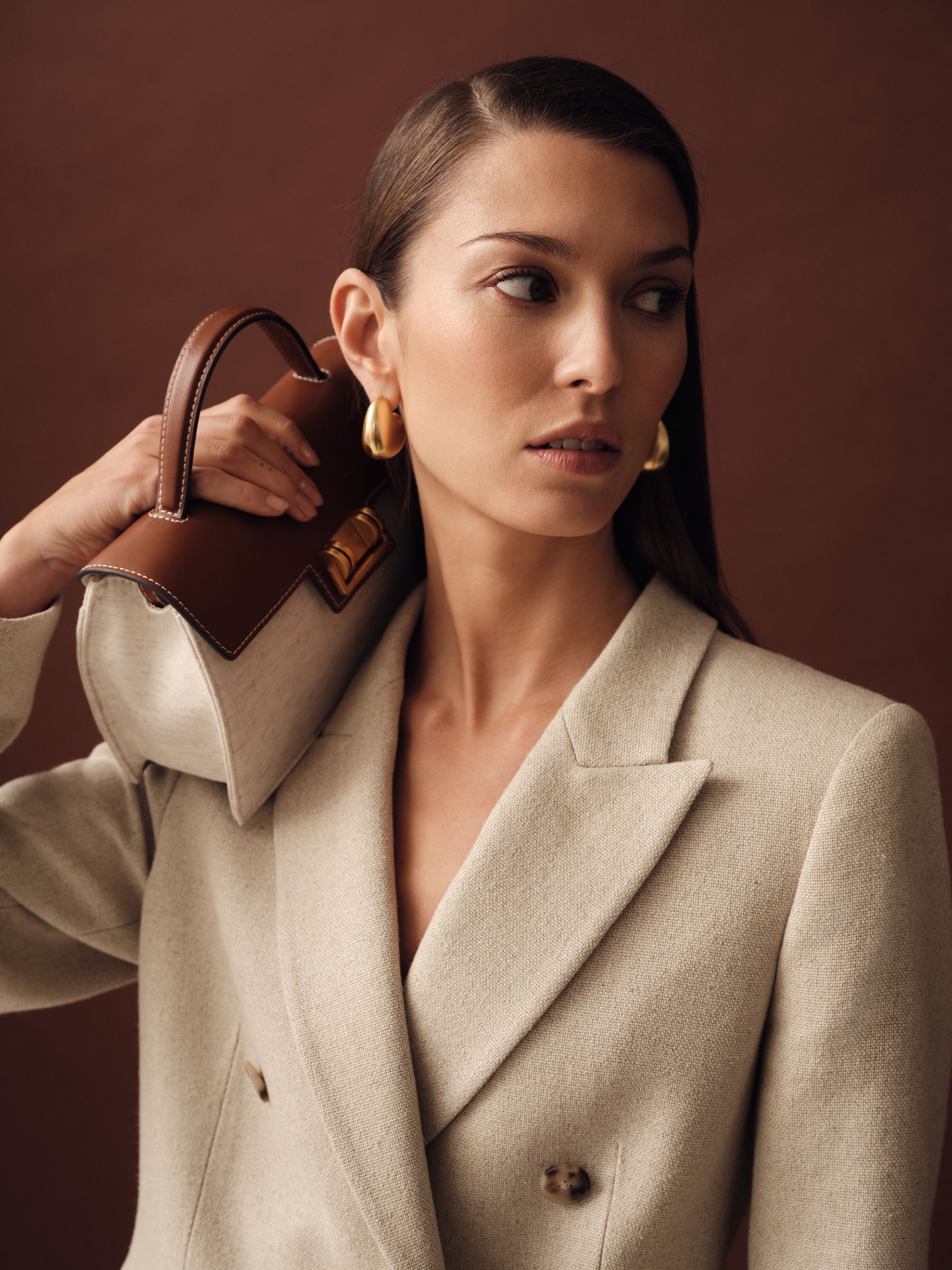 Petite Linen-Blend Double-Breasted Suit Jacket in Neutral
