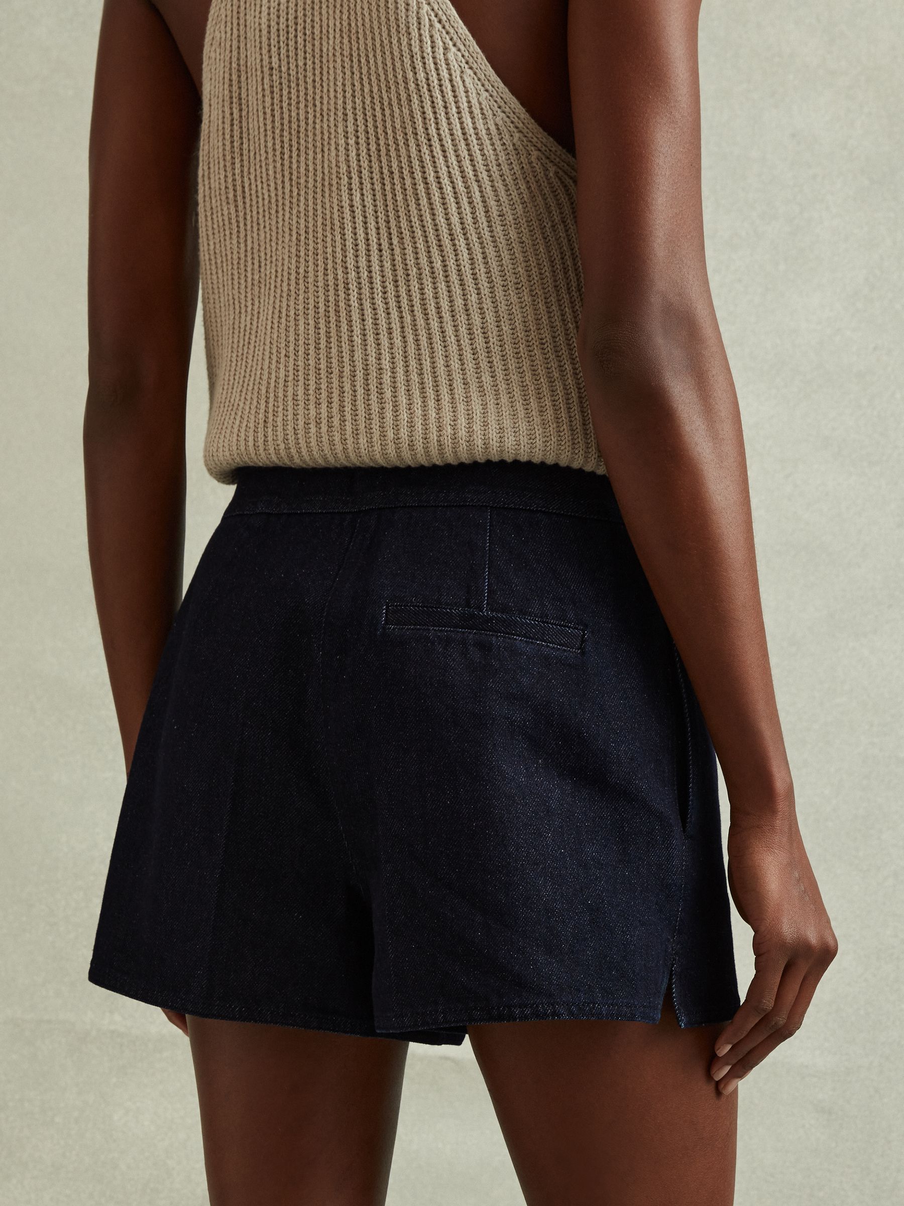 High-Rise Denim Suit Shorts in Dark Blue