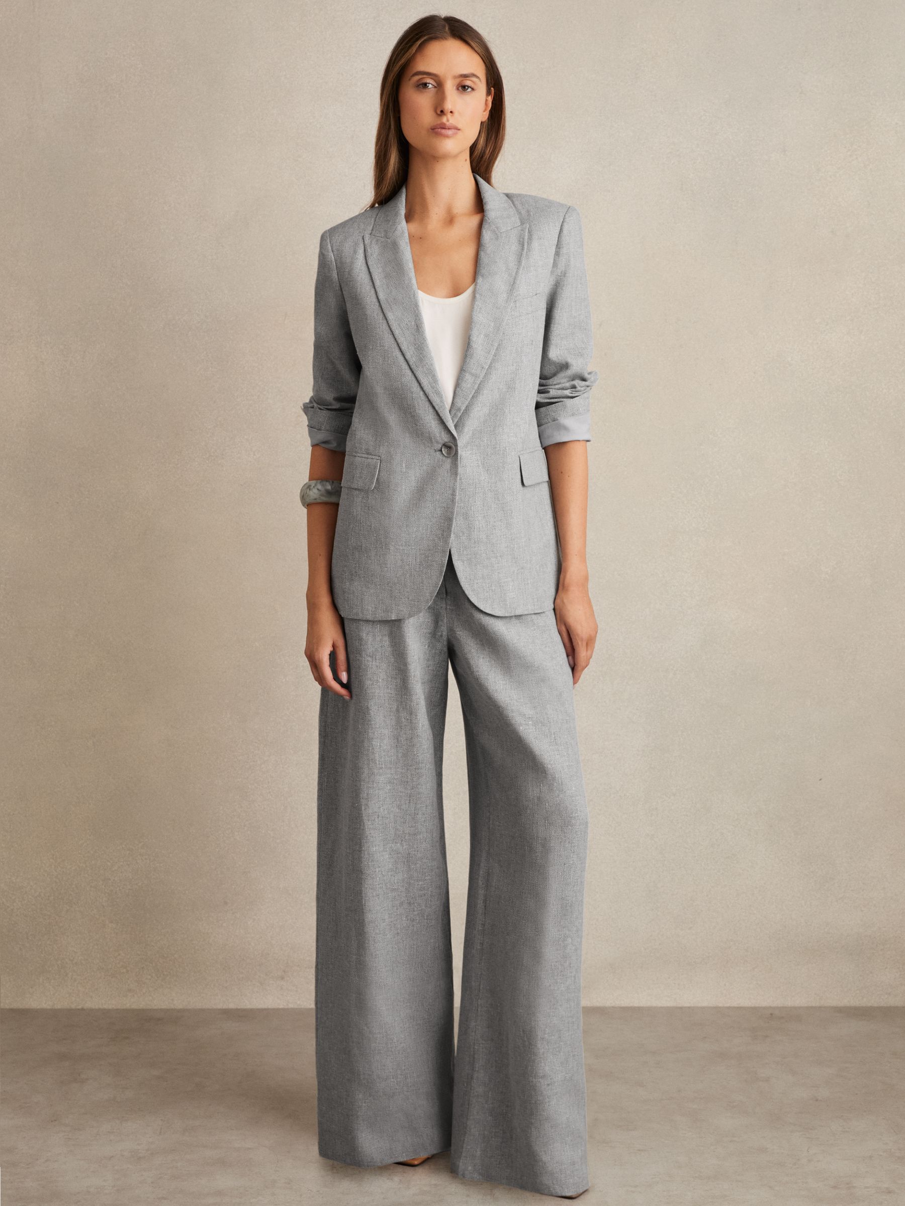 Petite Linen-Blend Single-Breasted Blazer in Blue