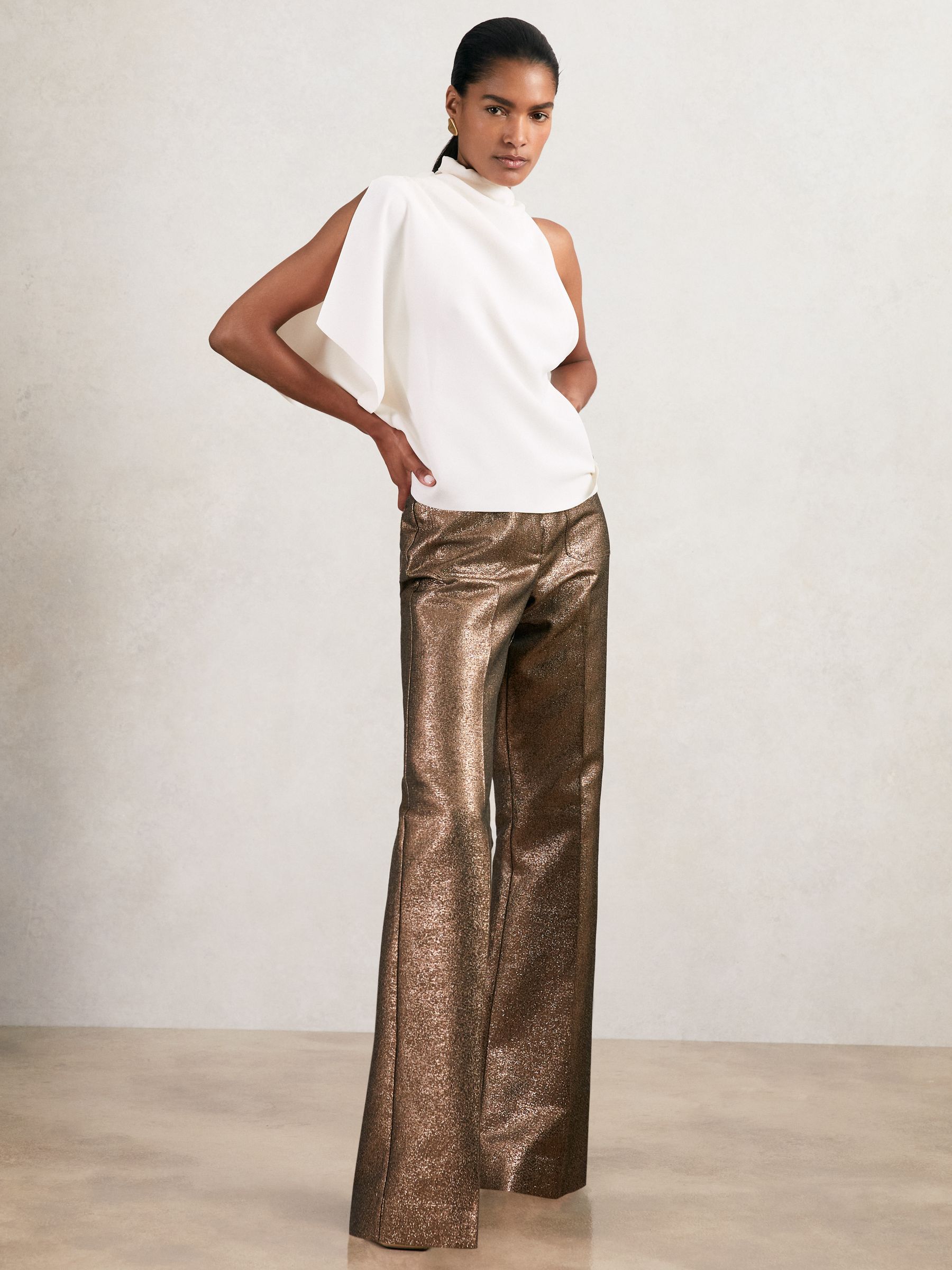 Sparkle Patch-Pocket Flared Trousers in Gold
