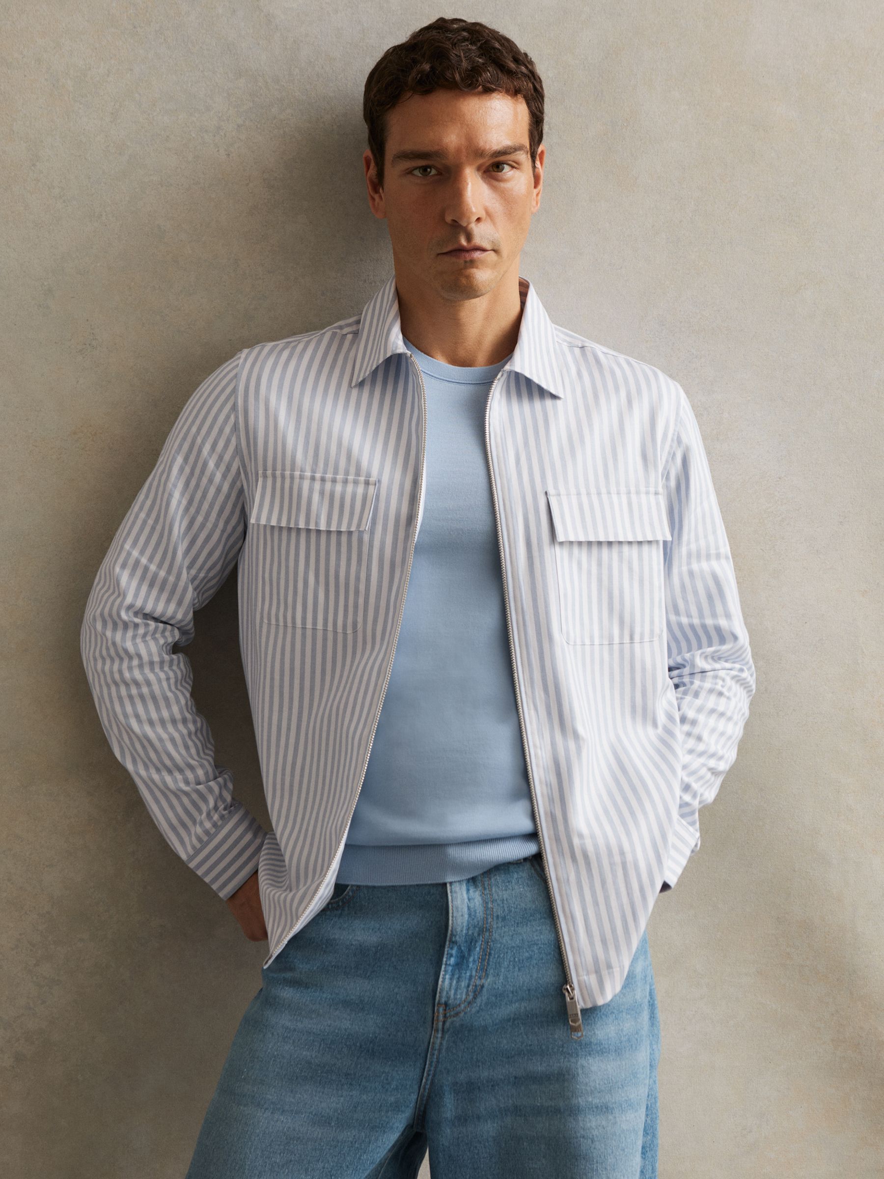 Cotton Stripe Zip-Through Shirt in White/Soft Blue