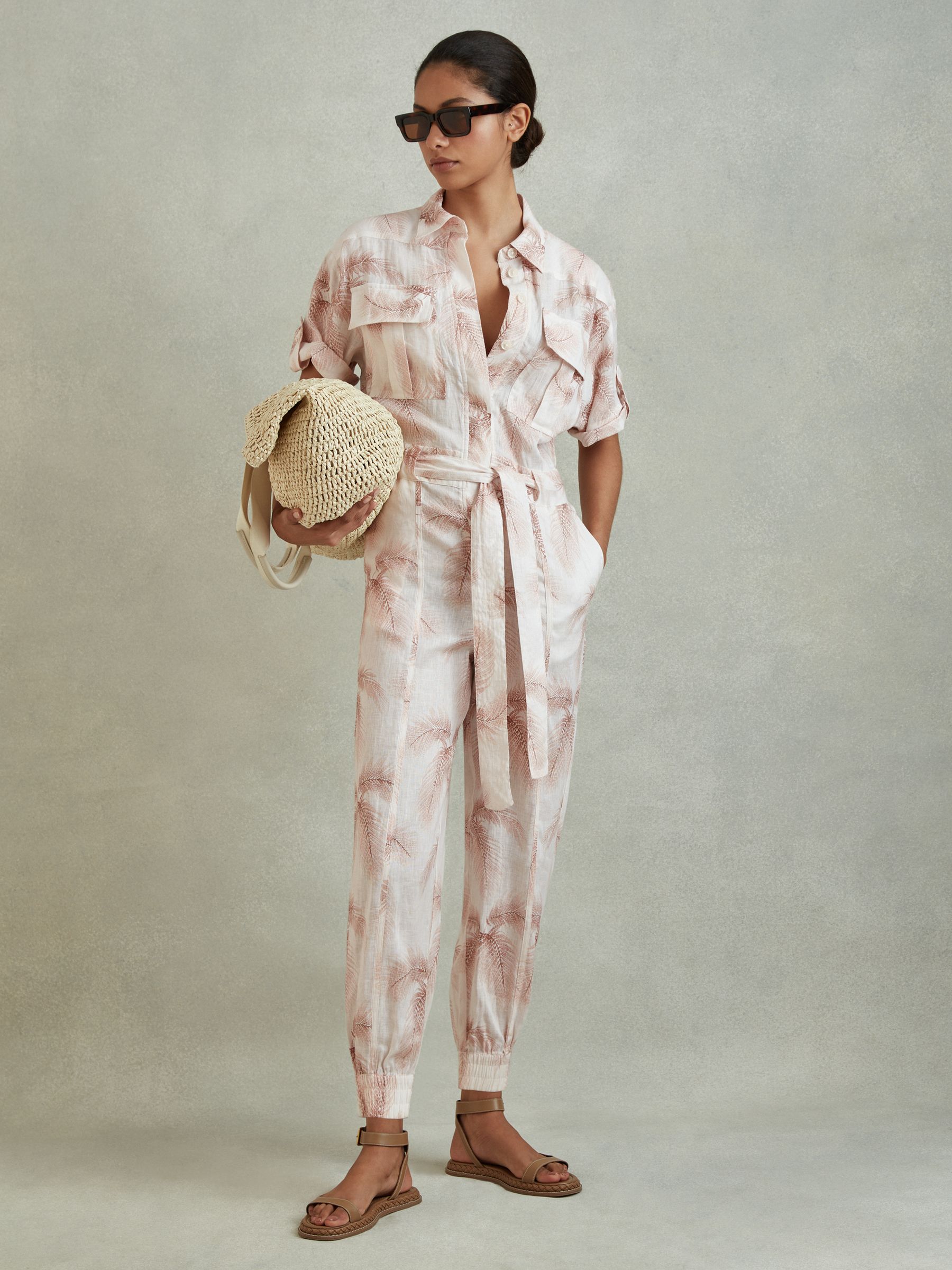 Linen Tropical Print Belted Jumpsuit in Blush