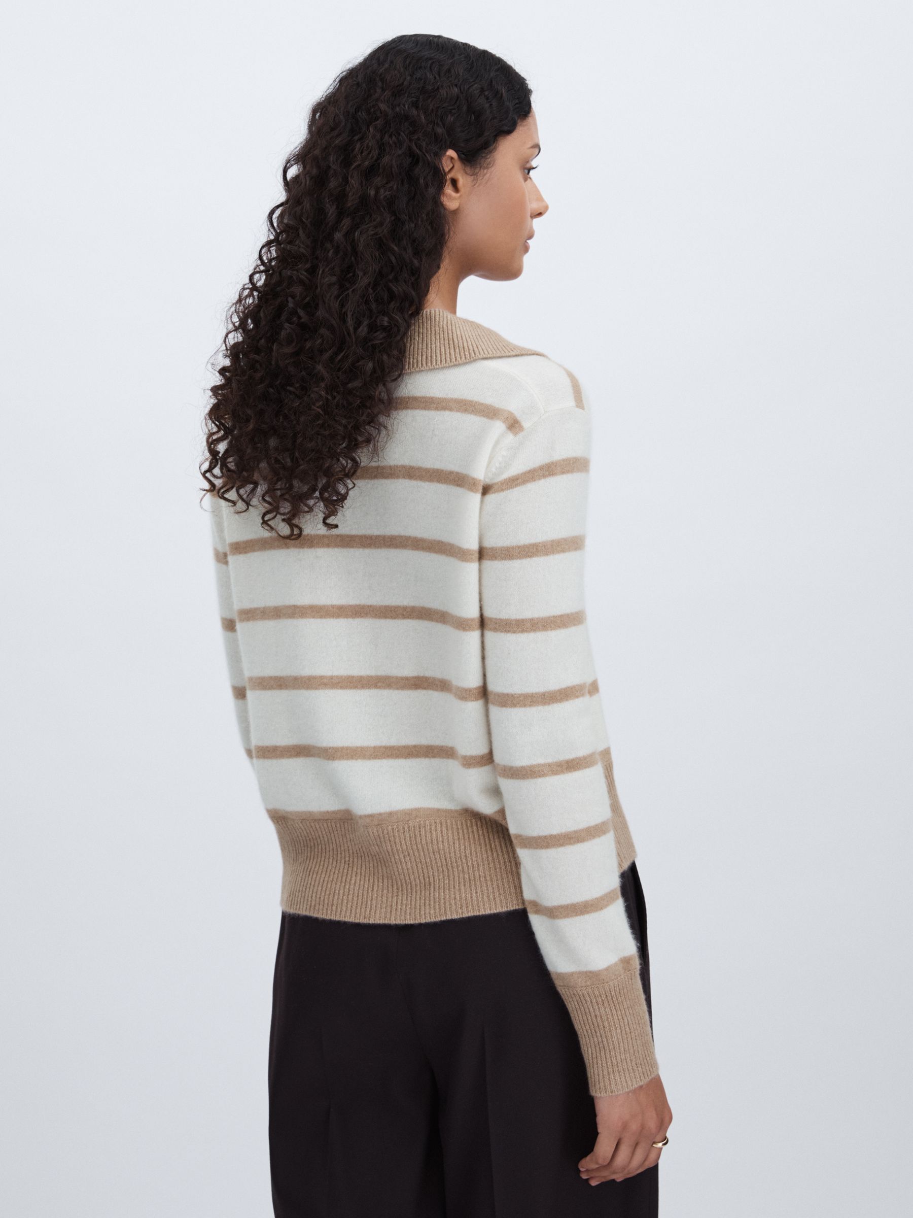 Cashmere Open Collar Striped Jumper in White/Beige