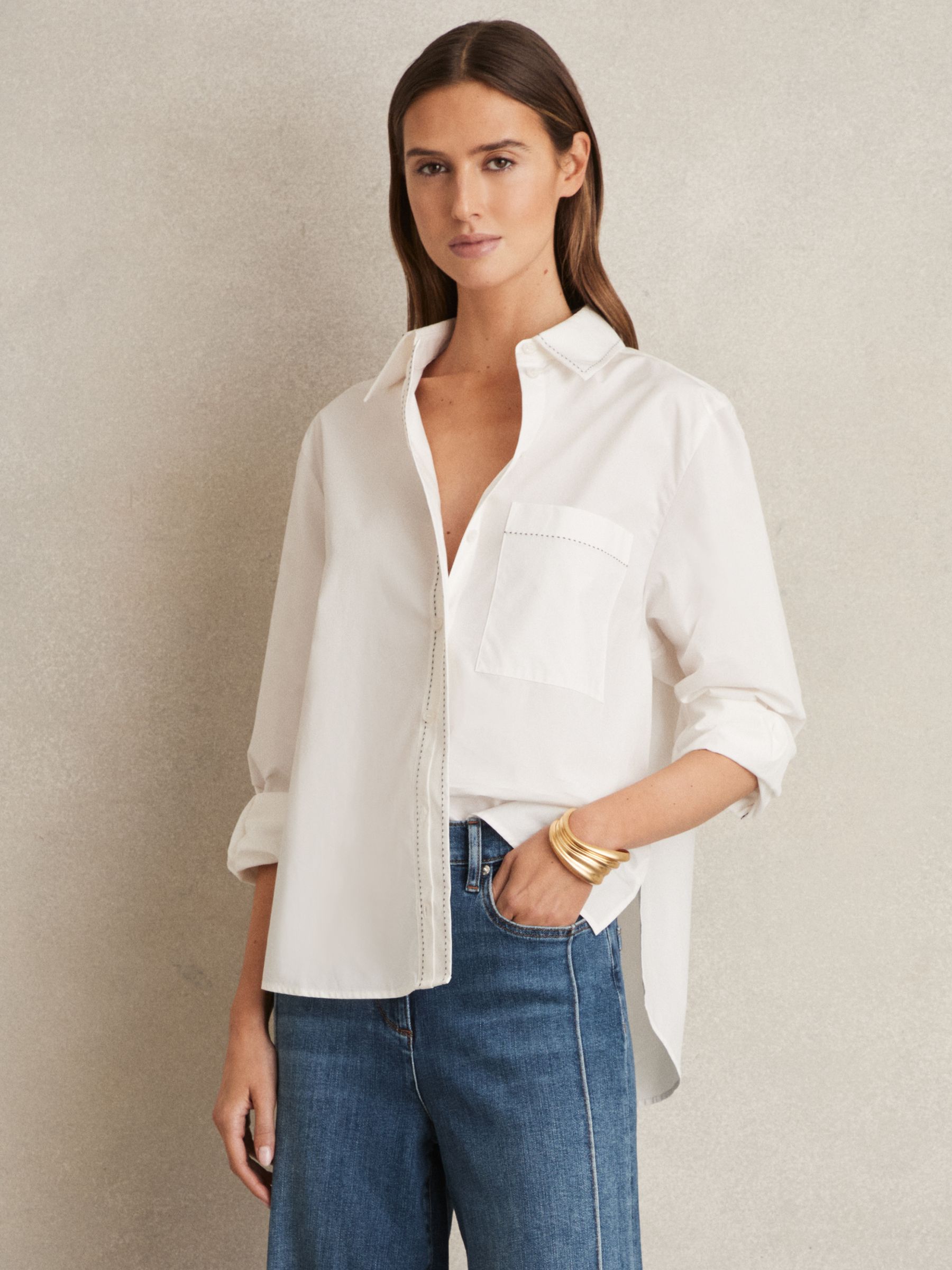 Cotton Topstitched Button-Through Shirt in White