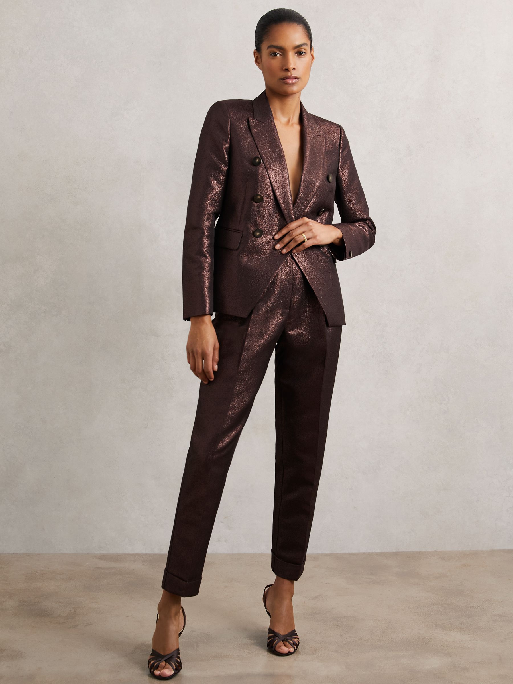 Petite Tapered Metallic Suit Trousers with Cotton in Burgundy