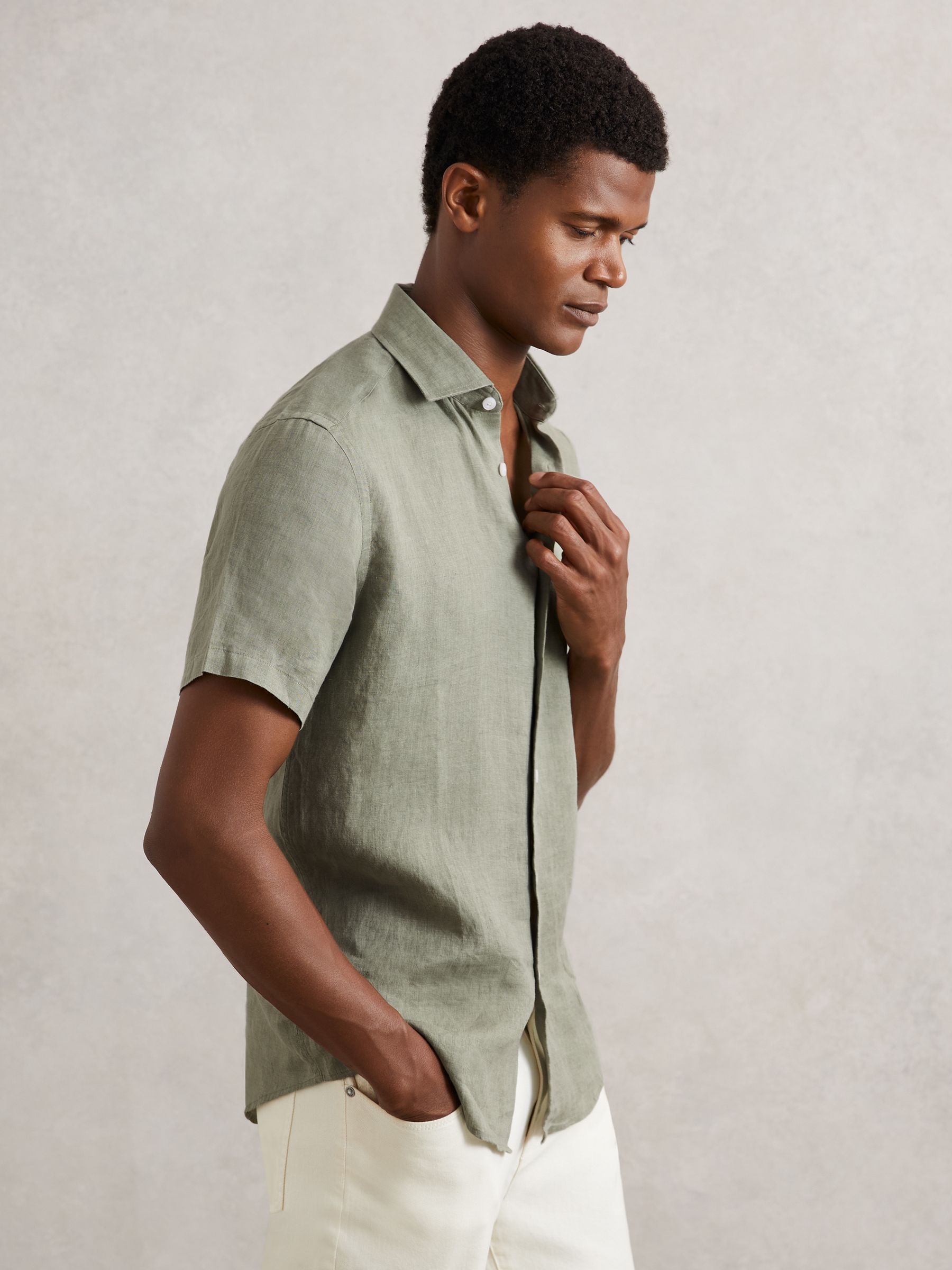 Slim Fit Linen Button-Through Shirt in Thyme Green