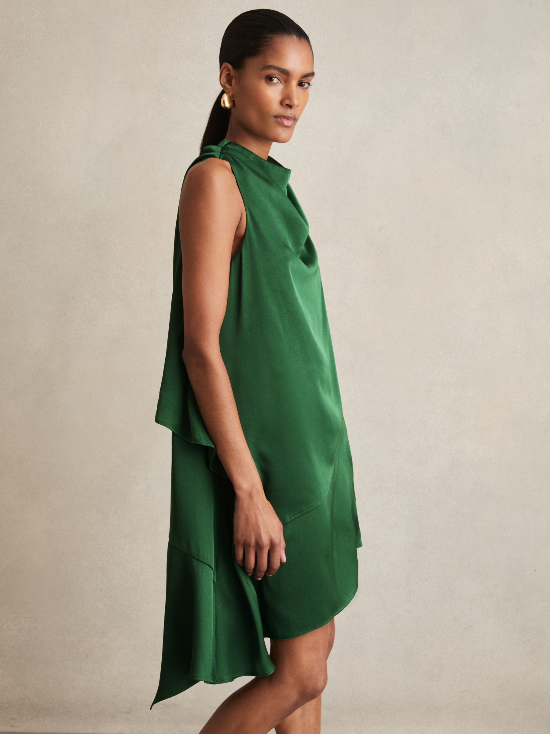 Satin Drape-Neck Layered Dress in Green