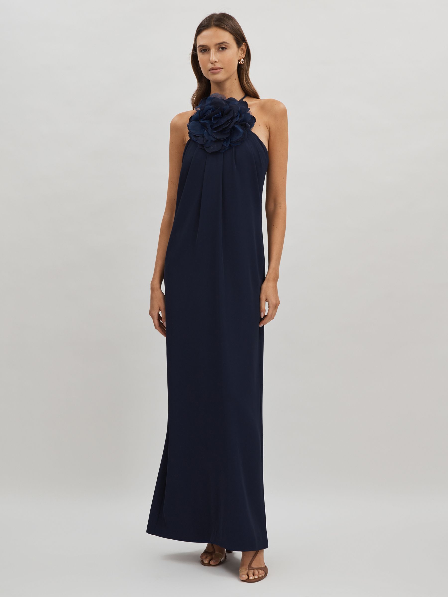 Halston Rosette Maxi Dress in Navy