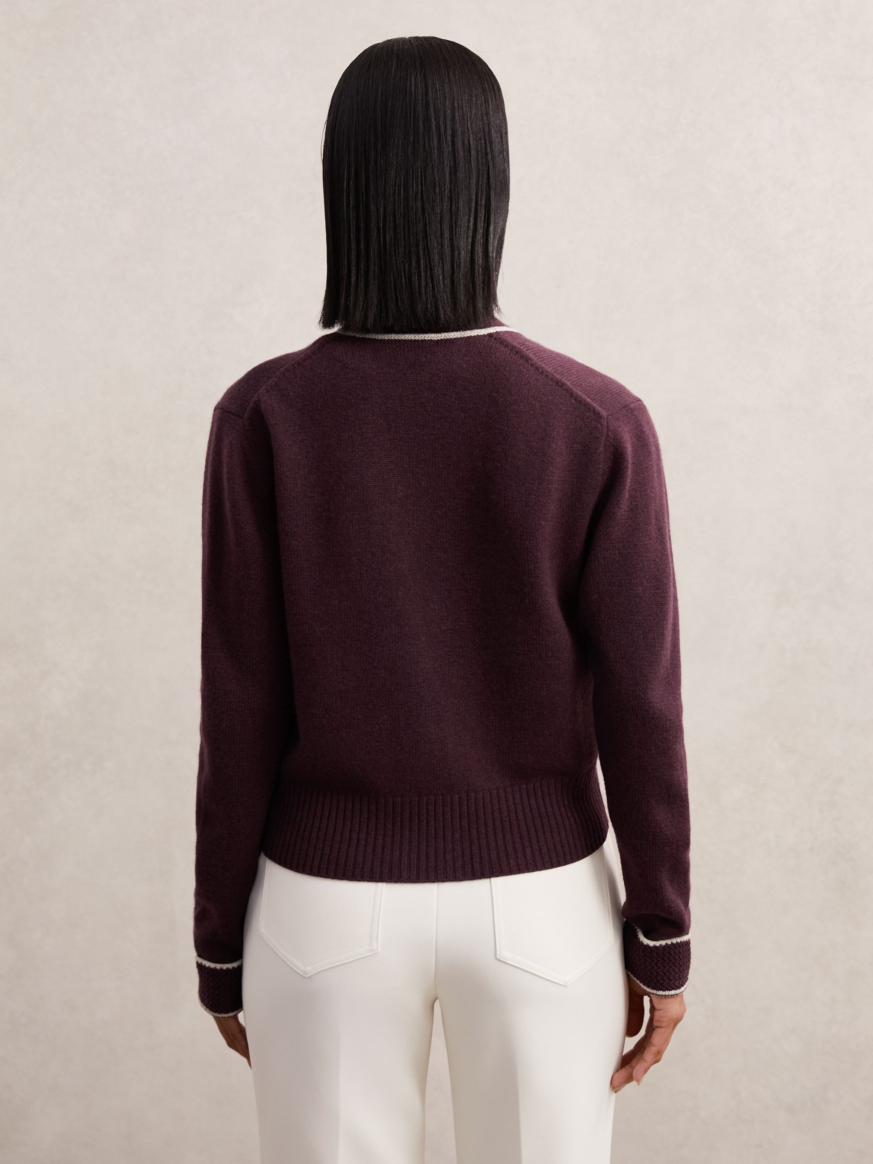 Wool-Cashmere Tipped V-Neck Cardigan in Burgundy/Neutral