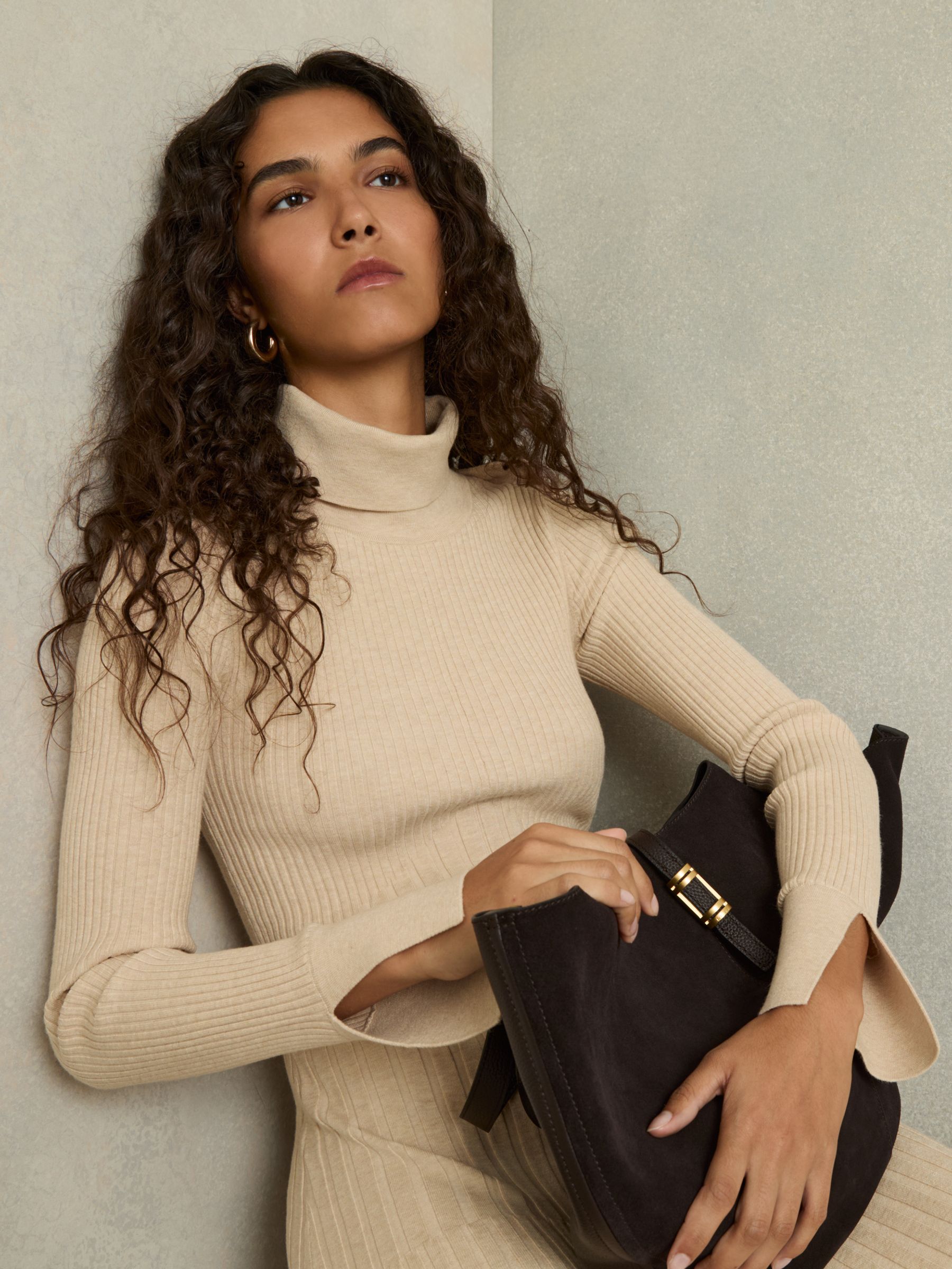 Ribbed Roll Neck Belted Midi Dress in Neutral