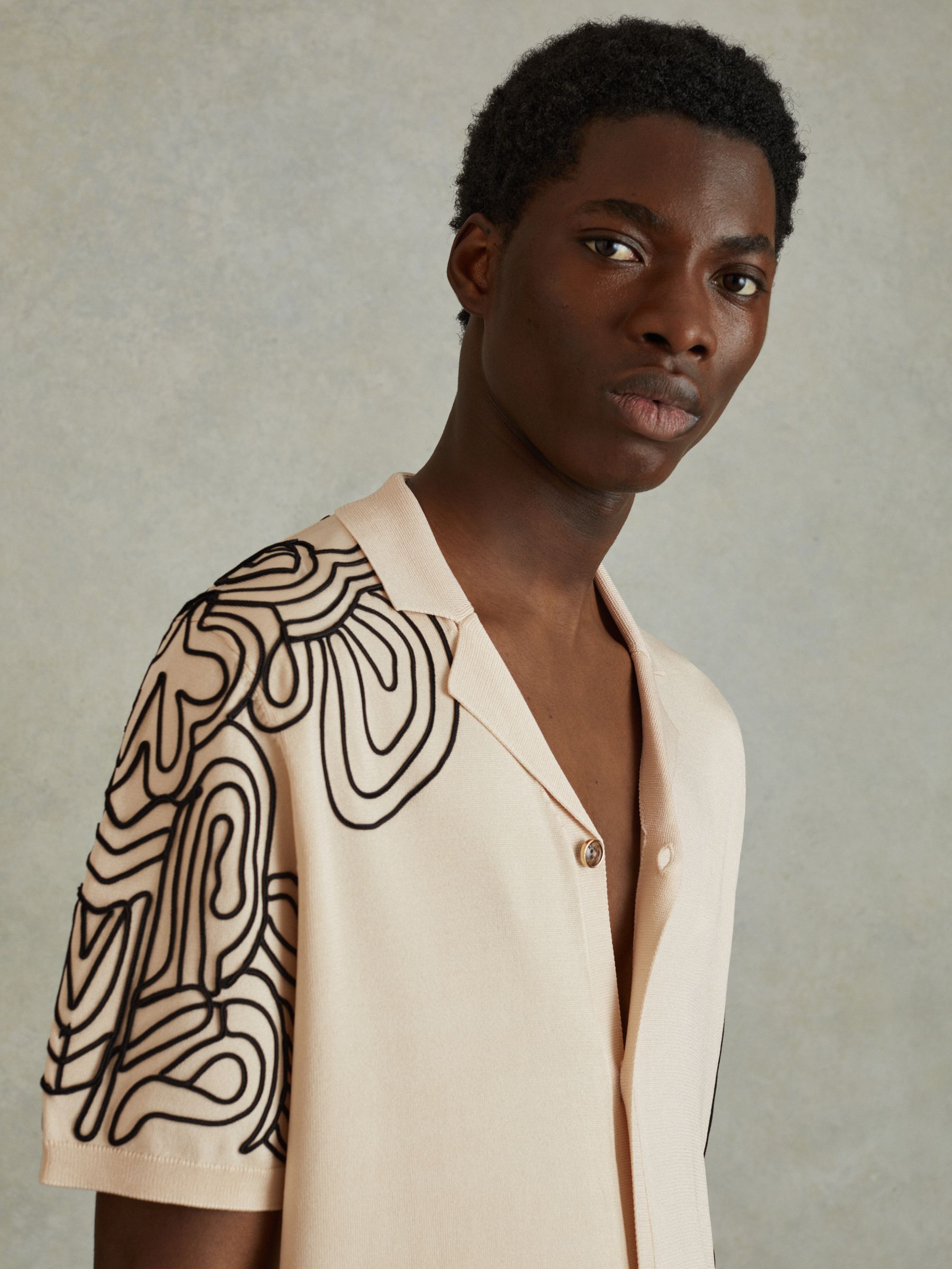 Jersey Embroidered Cuban Collar Shirt in Cream