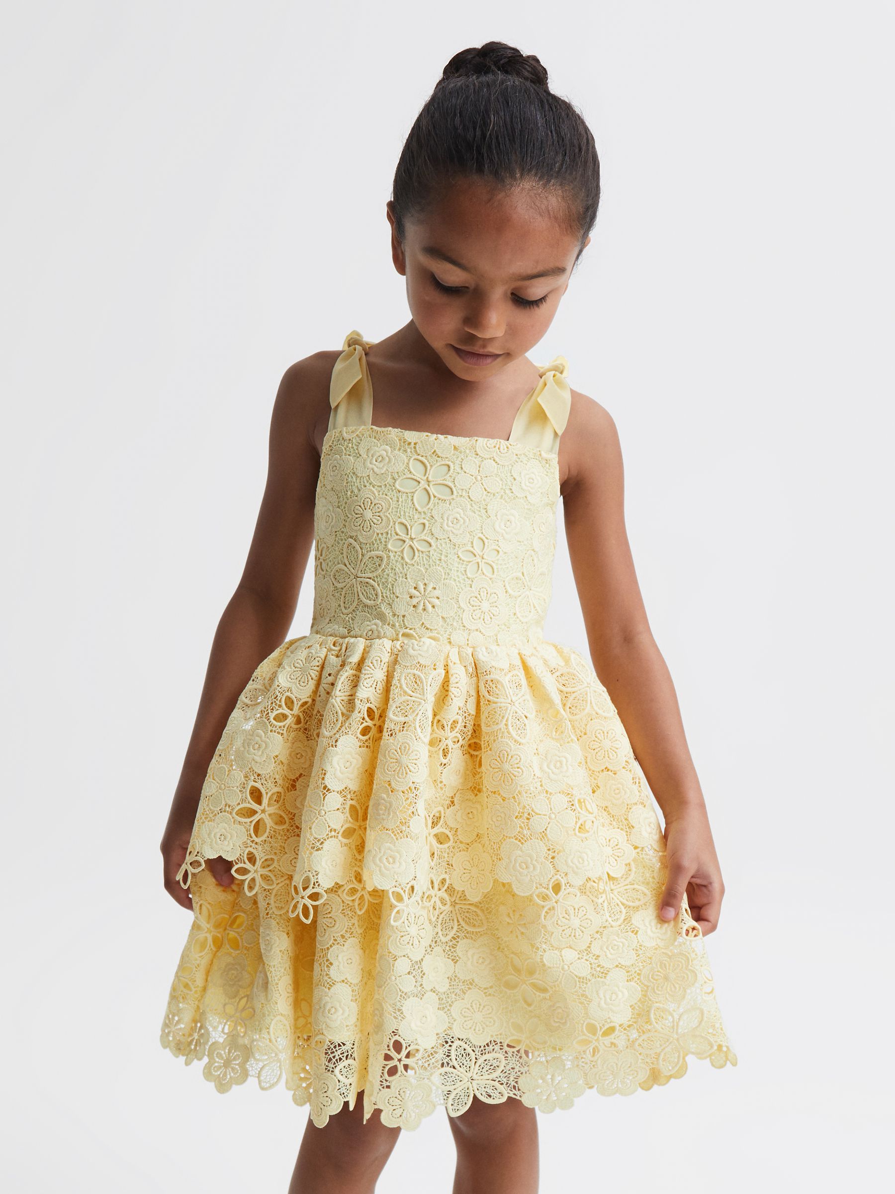 9-12 yrs Bow Strap Lace Dress in Lemon