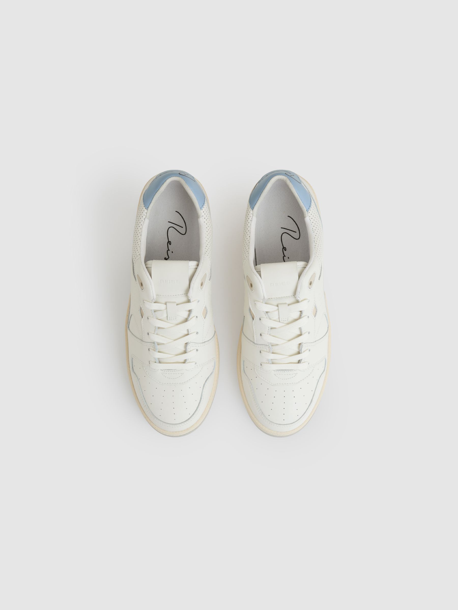 Leather Low Top Trainers in Off White/Soft Blue