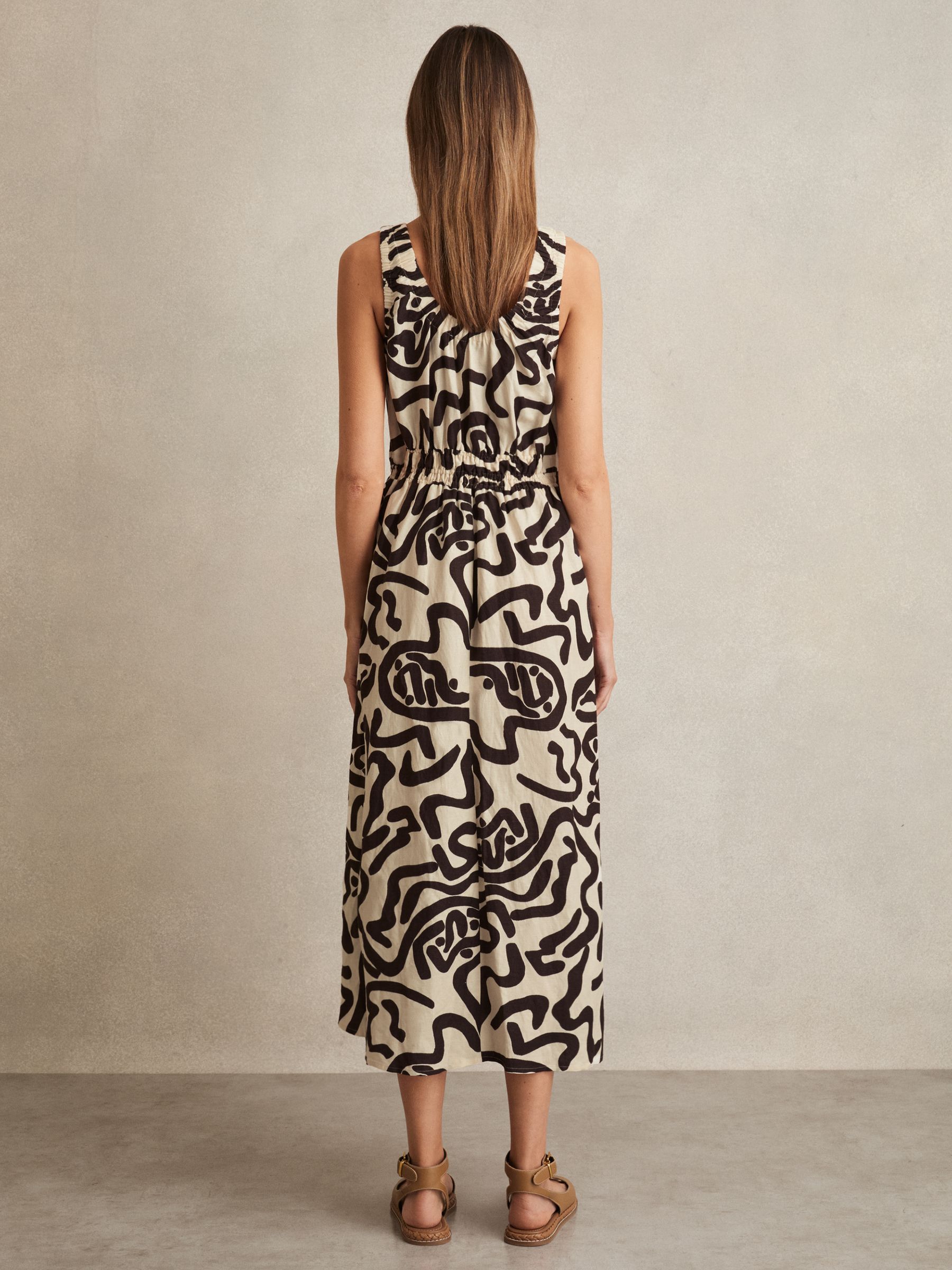Linen-Blend Printed Shirred Midi Dress in Brown/Ivory