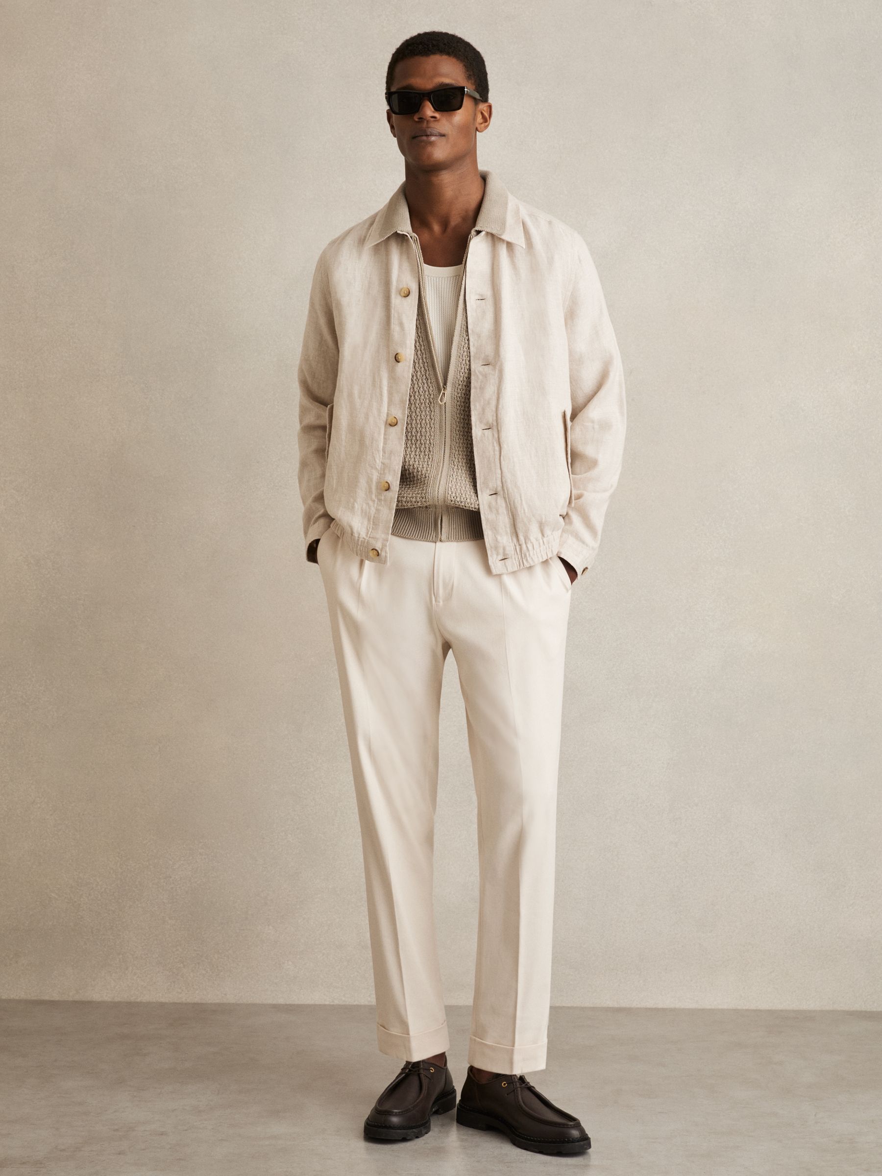 Textured-Knit Zip-Through Shirt in Stone