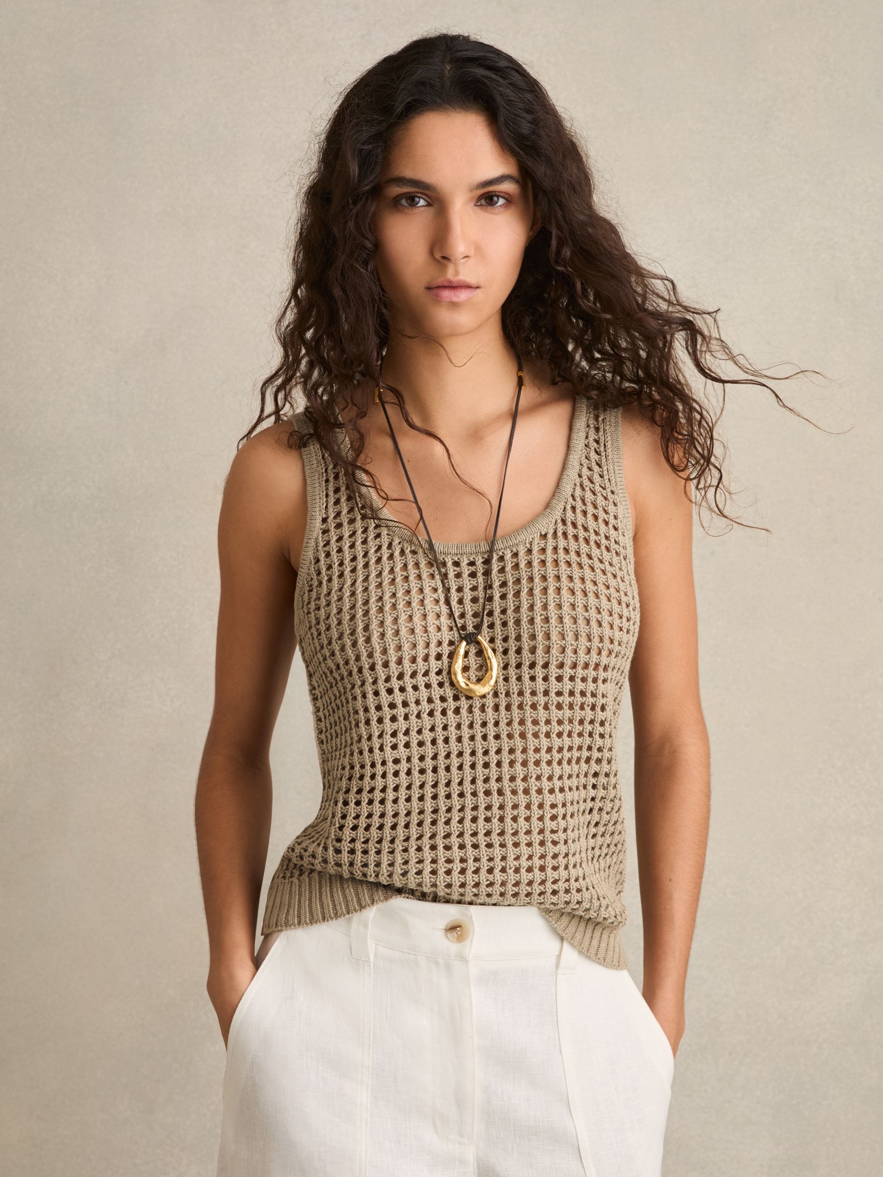 Linen Open Knit Vest in Stone