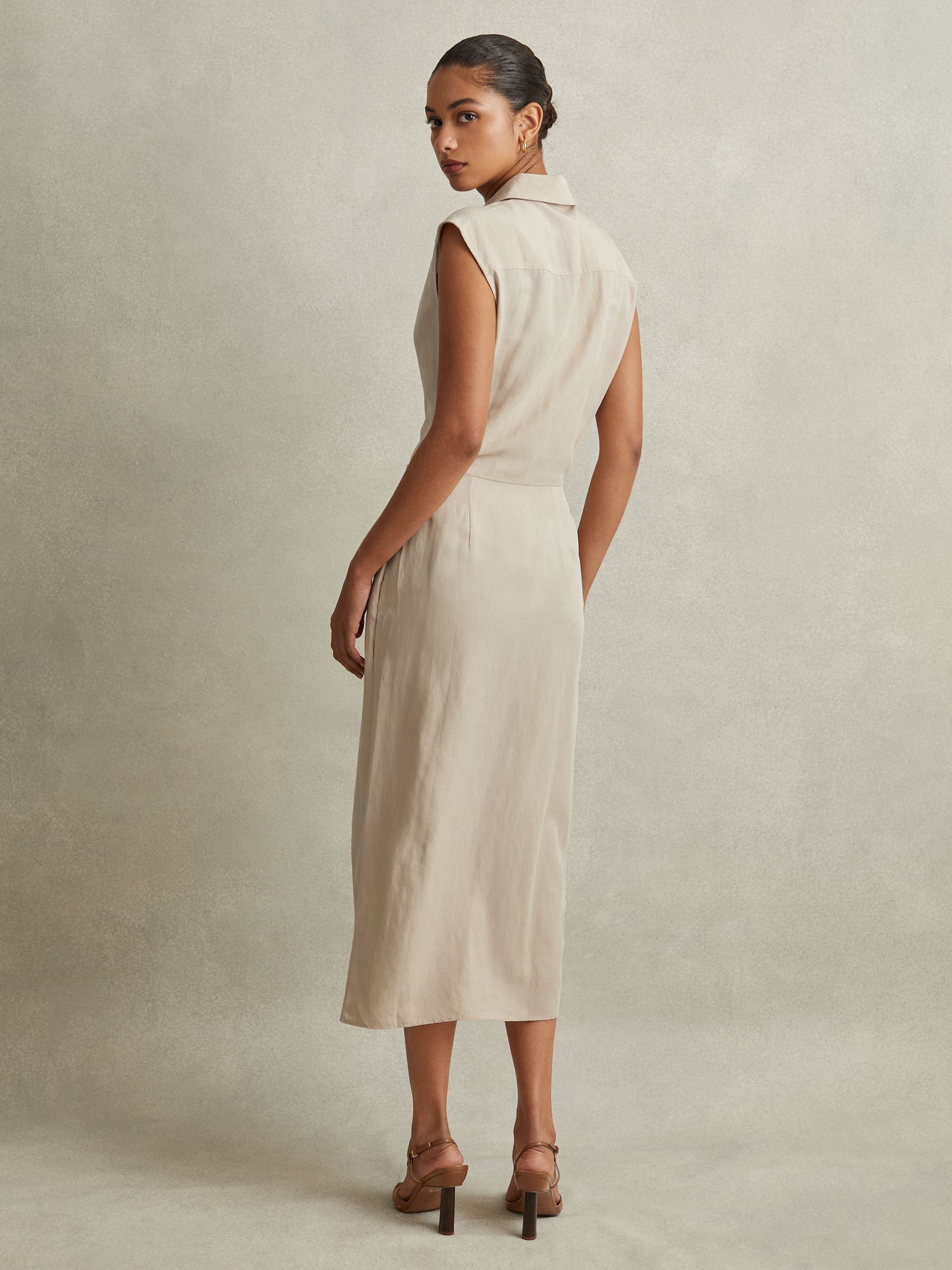 Lyocell Linen Wrap Front Midi Dress in Neutral