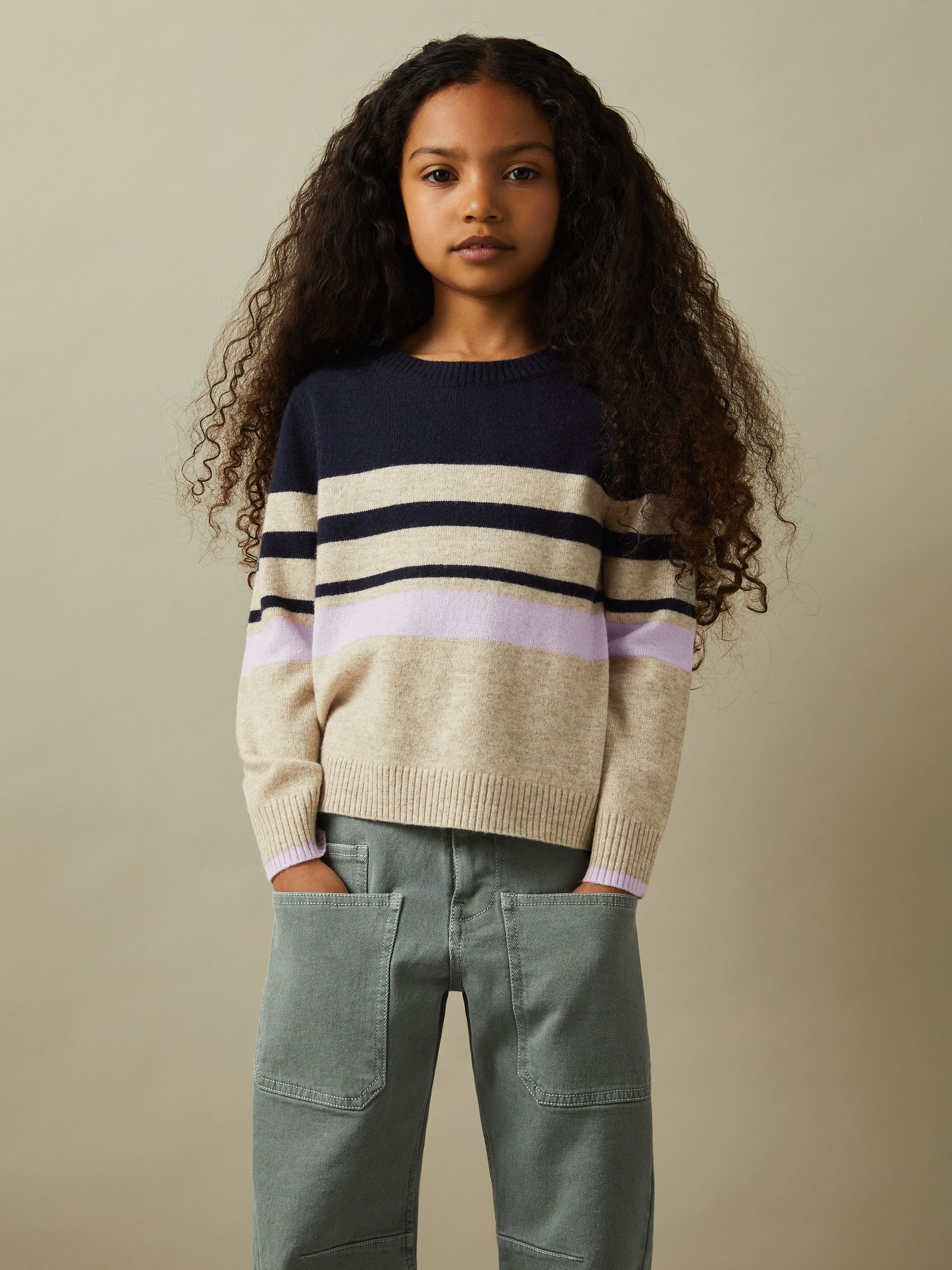 4-9 yrs Wool Blend Striped Crew Neck Jumper in Navy