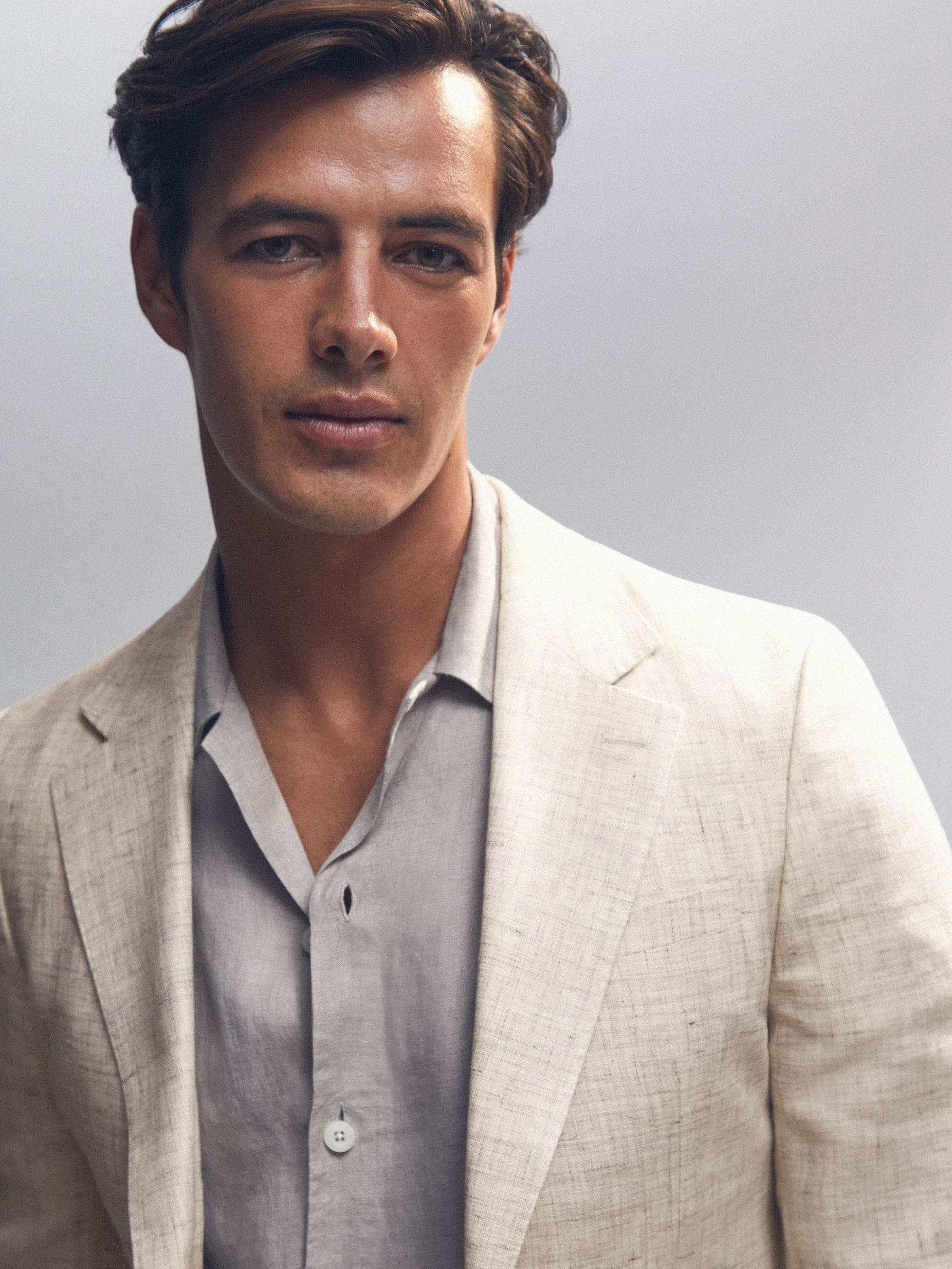 Linen-Cotton Single-Breasted Suit Blazer Slim-Fit in Stone