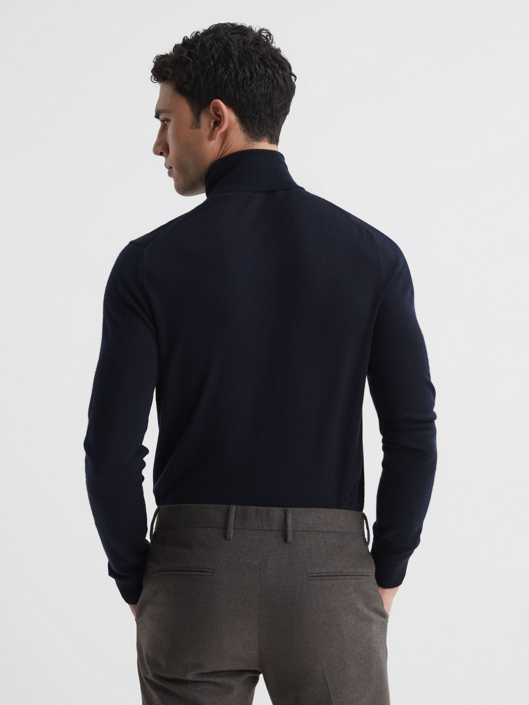 Slim Fit Merino Wool Roll Neck Jumper in Navy