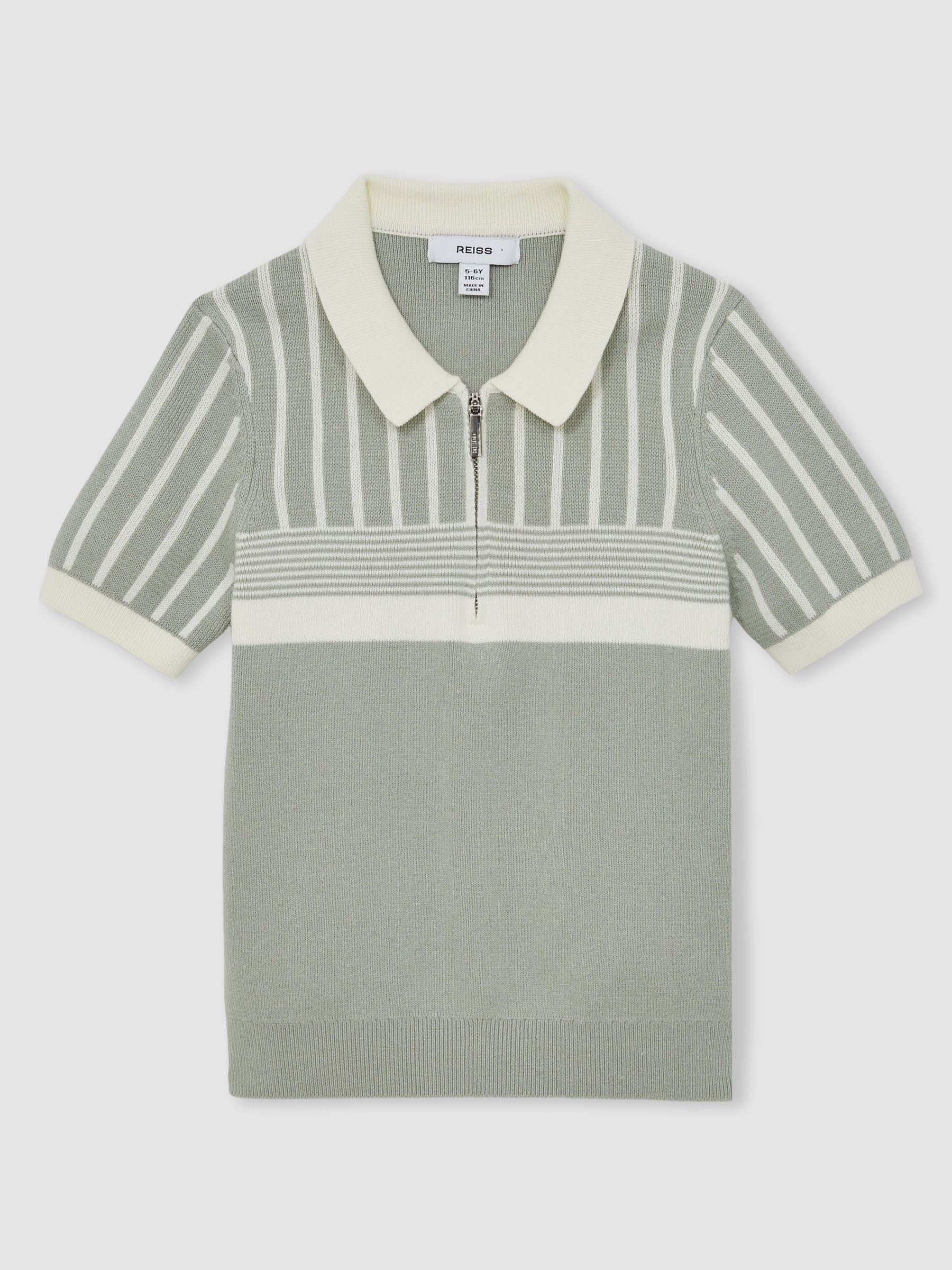 3-9 yrs Cotton Stripe Knit Half-Zip Polo Shirt in Sage Green/Off White