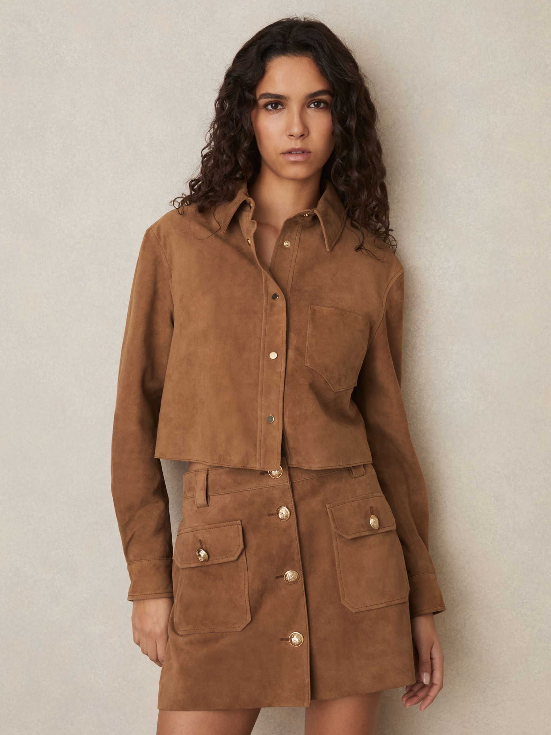 Suede Press-Stud Cropped Shirt in Tan