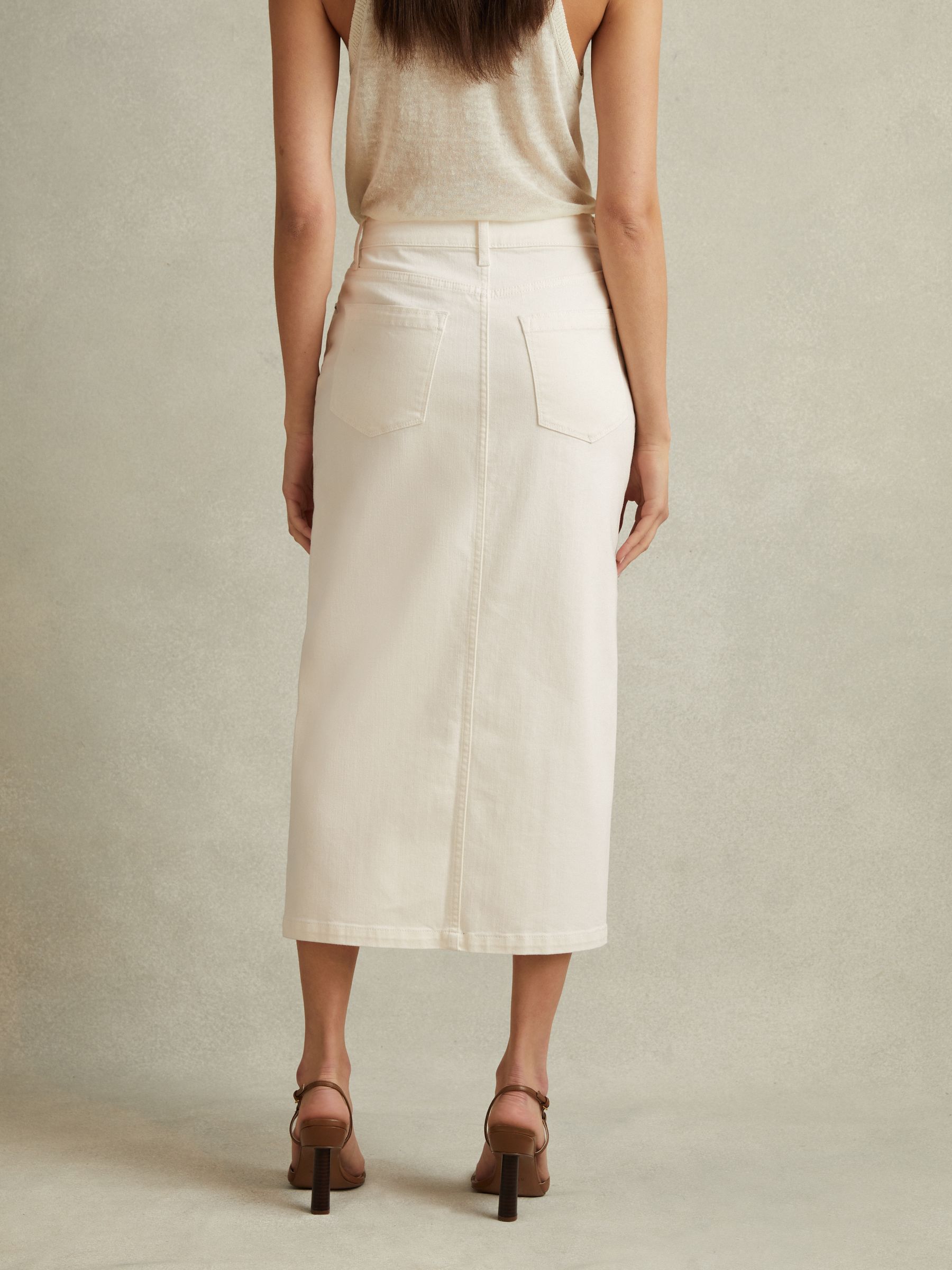 High Rise Denim Midi Skirt in Ivory