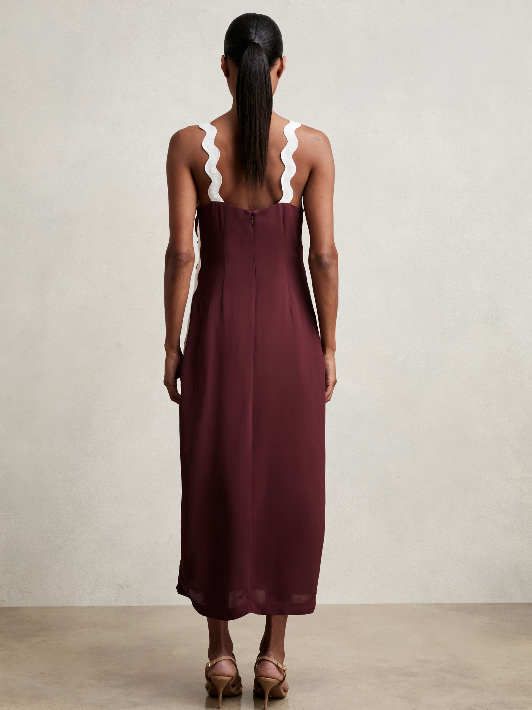 Wave-Trim Crepe Midi Dress in Burgundy