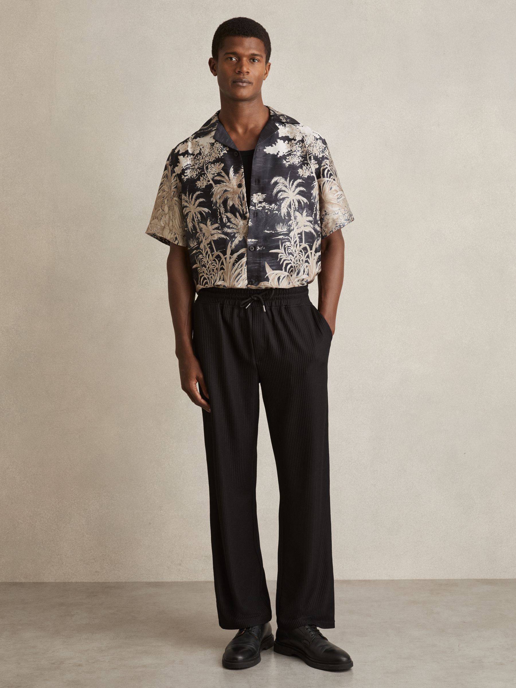 Jungle Print Cuban-Collar Shirt in Black