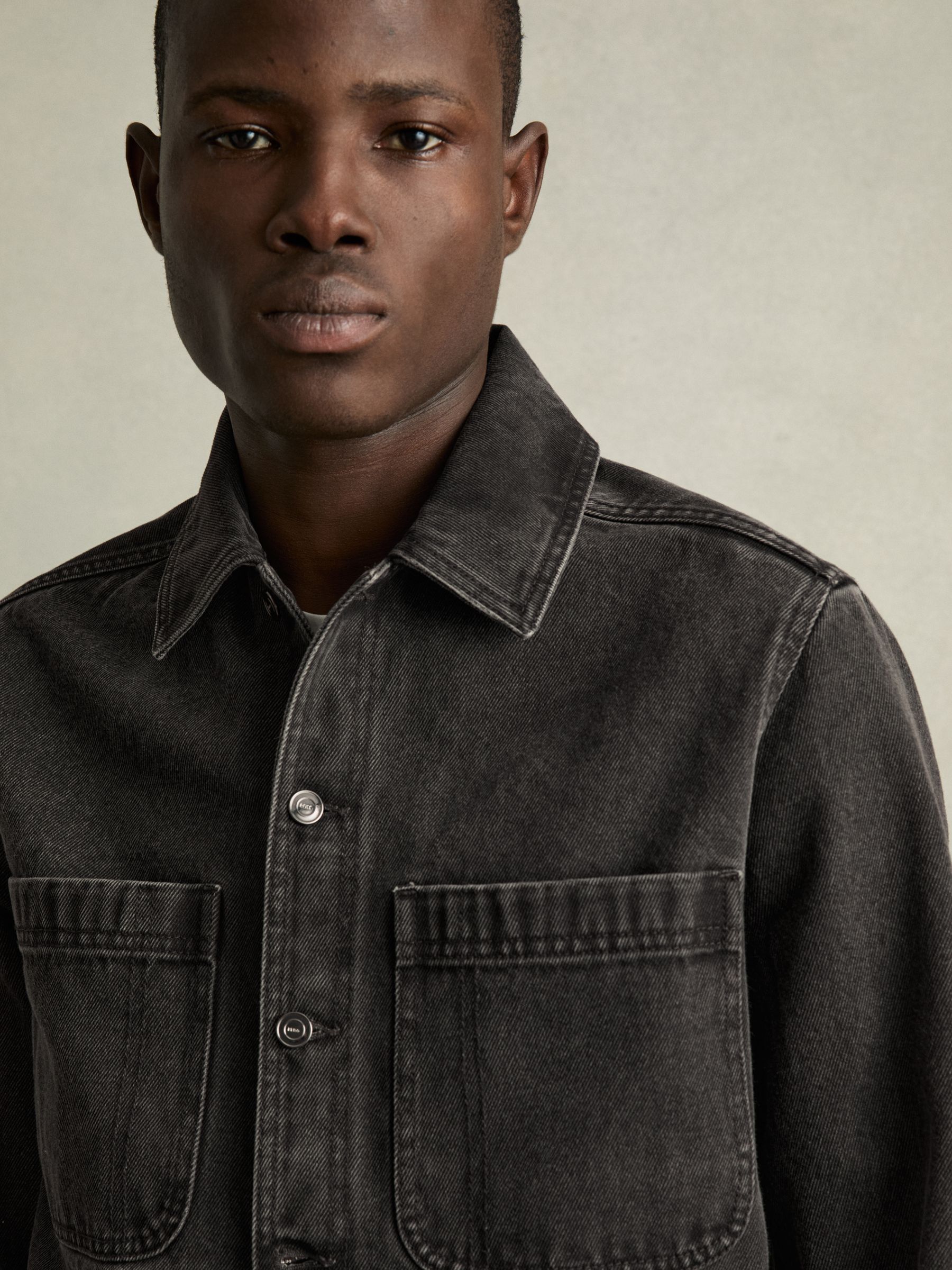 Cotton-Denim Button-Through Overshirt in Washed Black