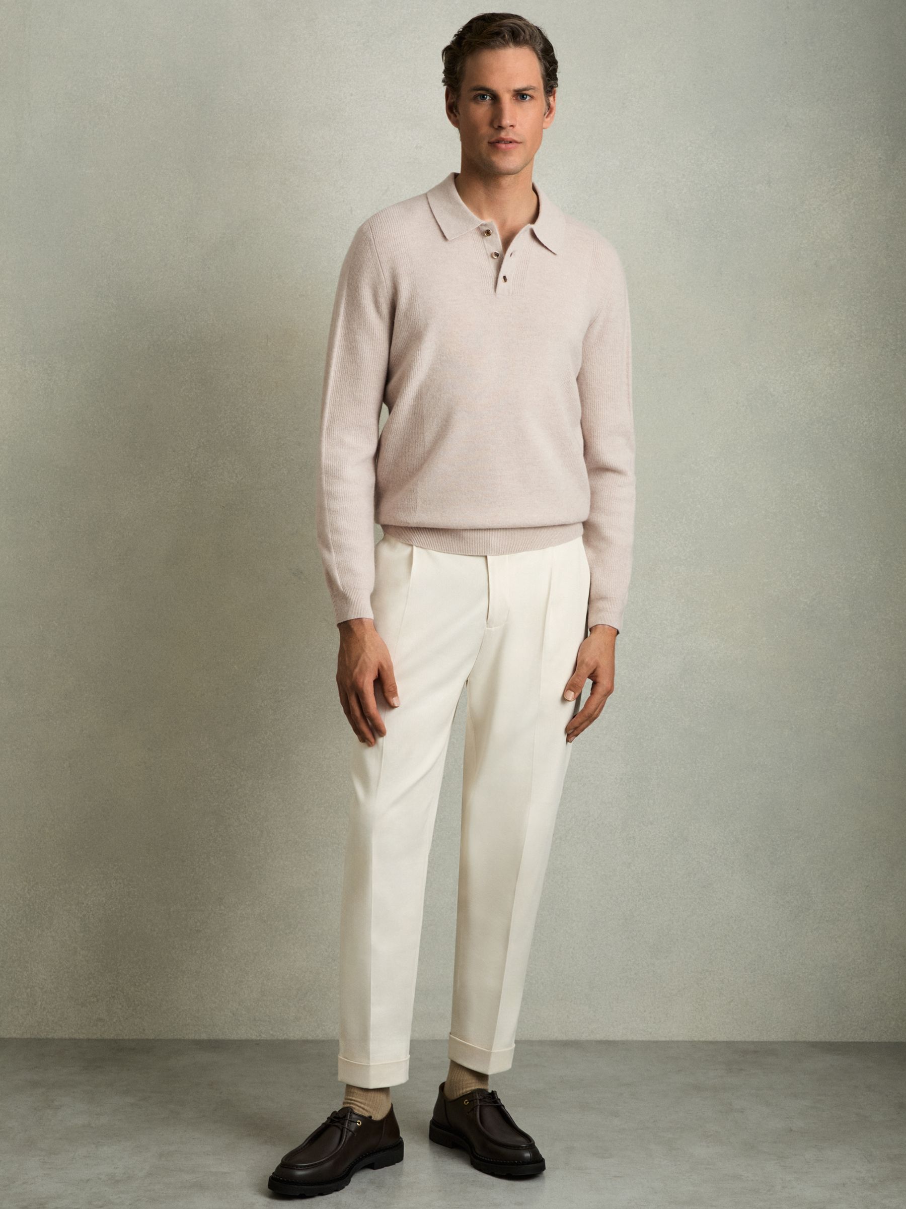 Wool Textured Long Sleeve Polo Shirt in Oatmeal